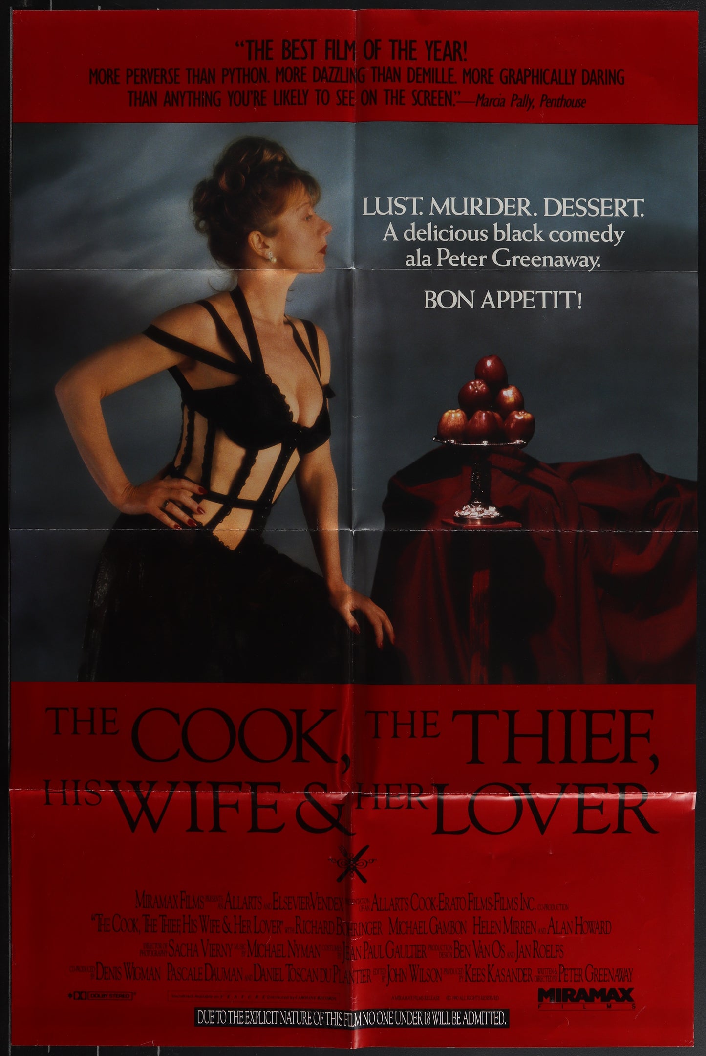 A vintage movie poster for 'The Cook, The Thief, His Wife & Her Lover' featuring a woman in black attire against a red background.