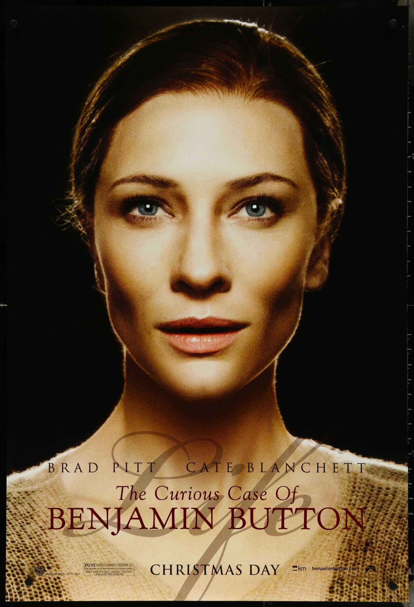Unfolded double-sided teaser one-sheet movie poster for 'The Curious Case of Benjamin Button' featuring a close-up image of a woman's face, identified as Cate Blanchett.