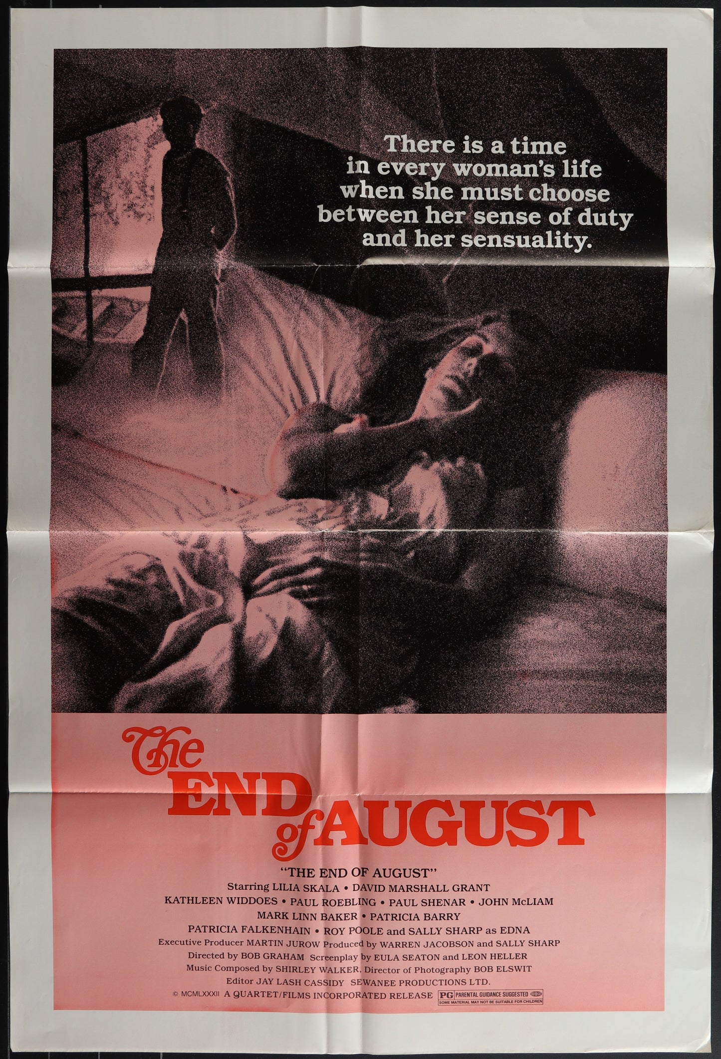 Vintage one-sheet movie poster for 'The End Of August' featuring a woman in a bed with a man standing beside her, indicating a romantic drama genre.