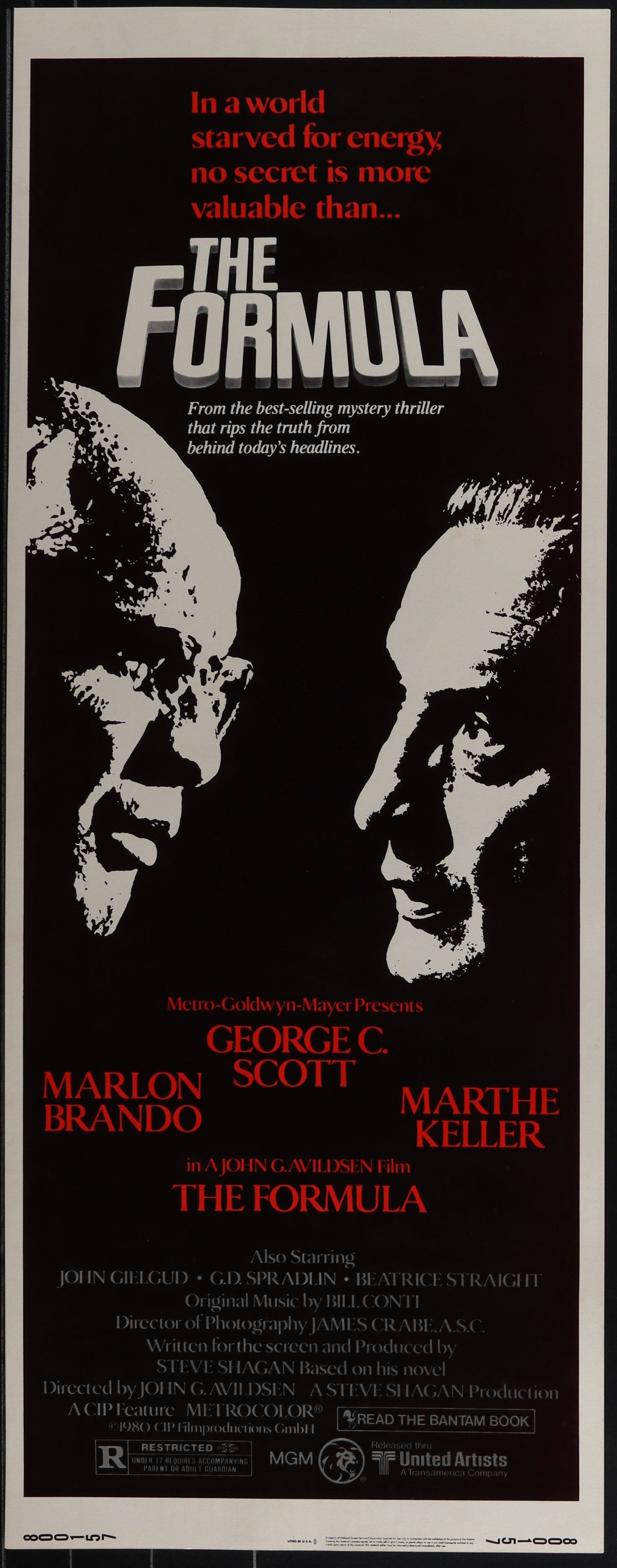 Original insert movie poster for 'The Formula' featuring black and white images of Marlon Brando and George C. Scott with the film's title and details.
