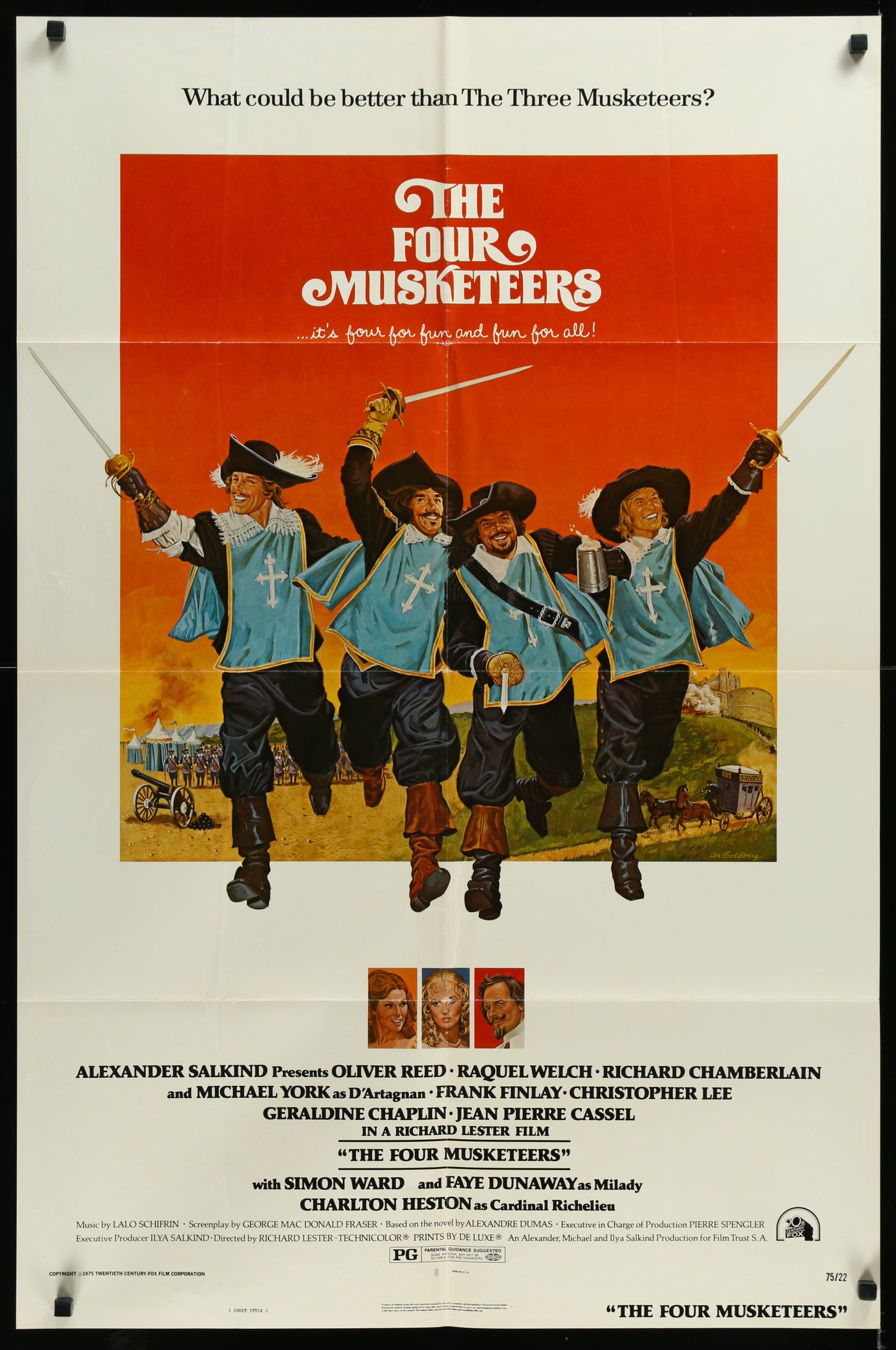 A vintage US one-sheet movie poster for 'The Four Musketeers' featuring characters in historical costumes with a swordfight scene, and a title text at the top.