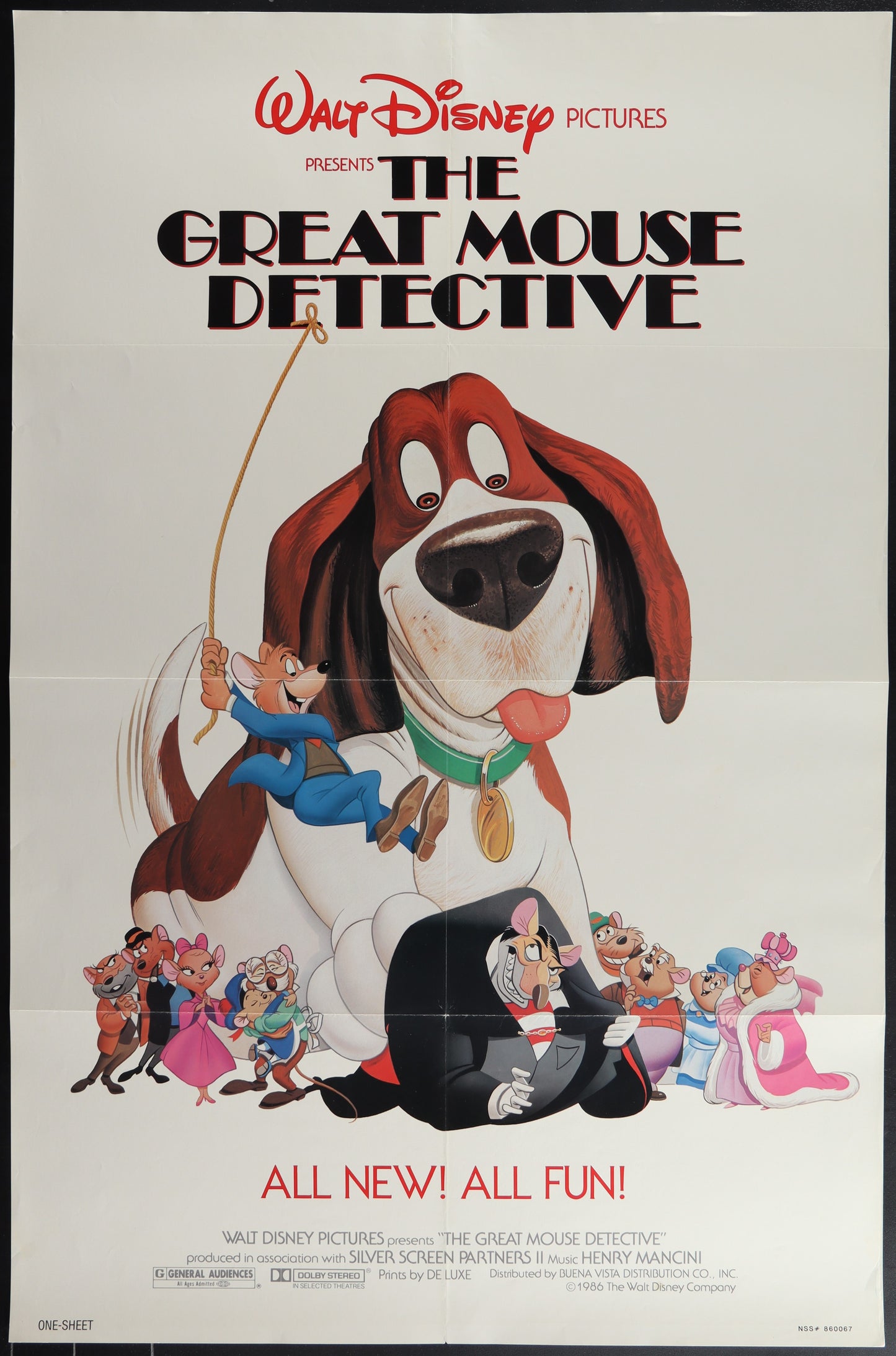 Original US one-sheet movie poster for The Great Mouse Detective featuring animated characters Basil and Candy Candido, with a white background and red text.