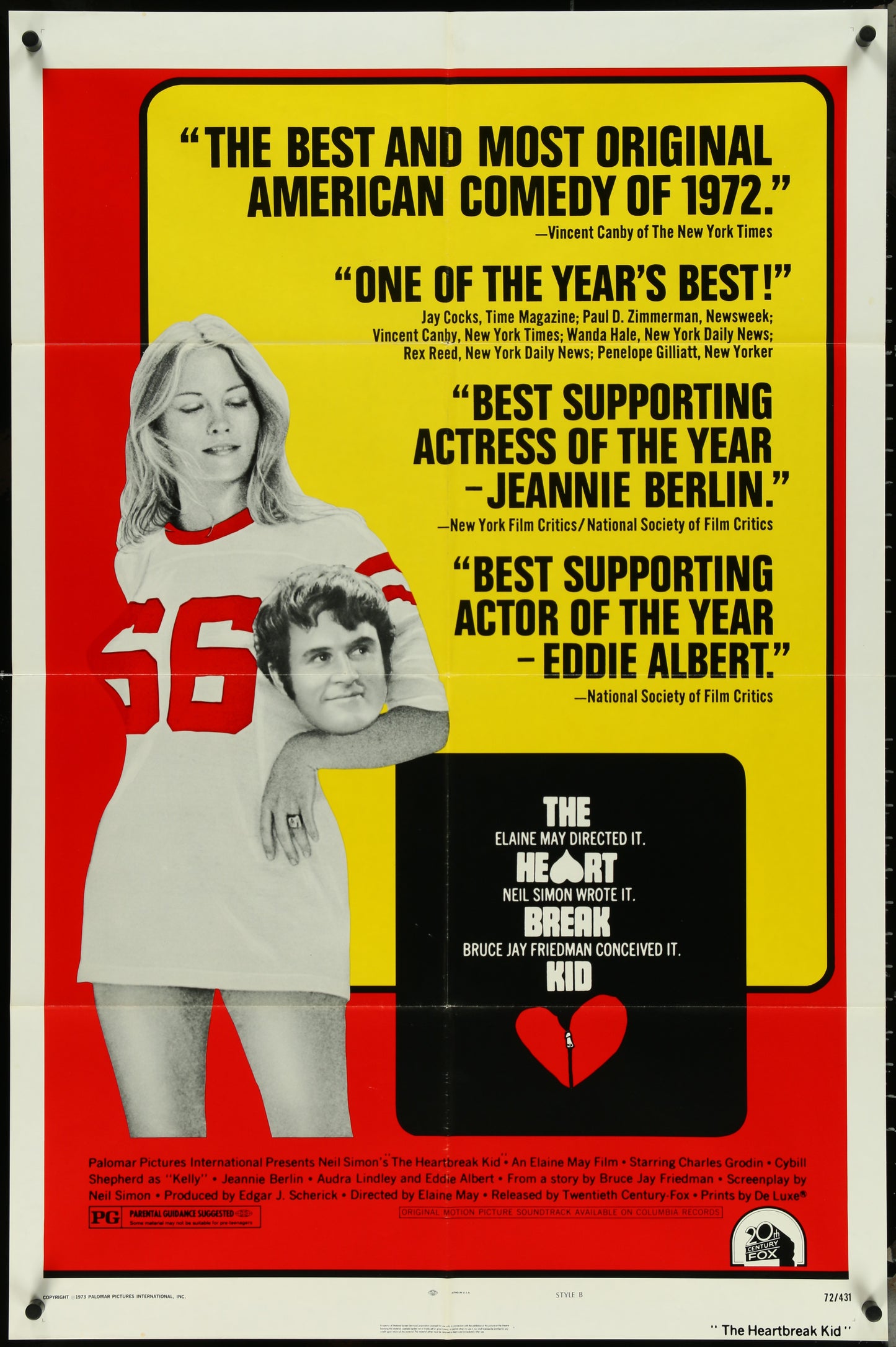 Original US one-sheet movie poster for 'The Heartbreak Kid' featuring actors Charles Grodin and Cybill Shepherd, with a yellow and red color scheme and various film accolades displayed.
