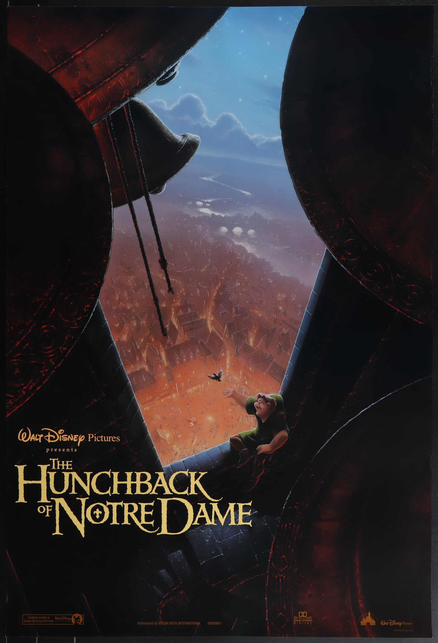 Original US one sheet movie poster for The Hunchback Of Notre Dame (1996) featuring an illustration of the character Quasimodo with a background resembling a sunset over Paris.