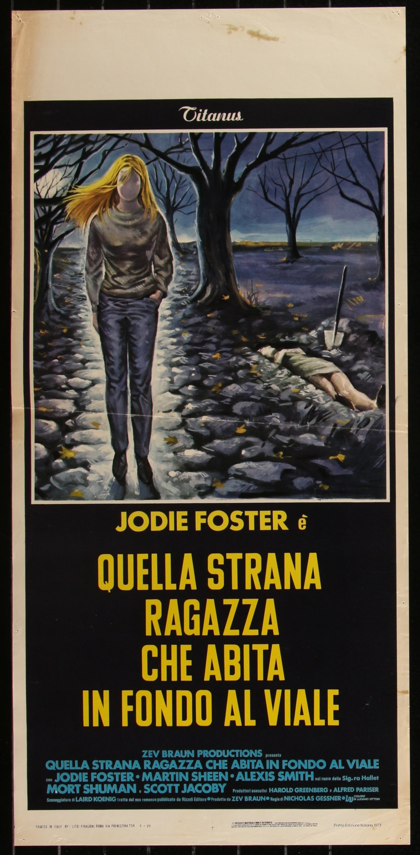 Original Italian movie poster for 'The Little Girl Who Lives Down The Lane' featuring a young girl in a forest at night with a dark, moody background. The poster has marks and discoloration, and it includes the title and the names of the actors.