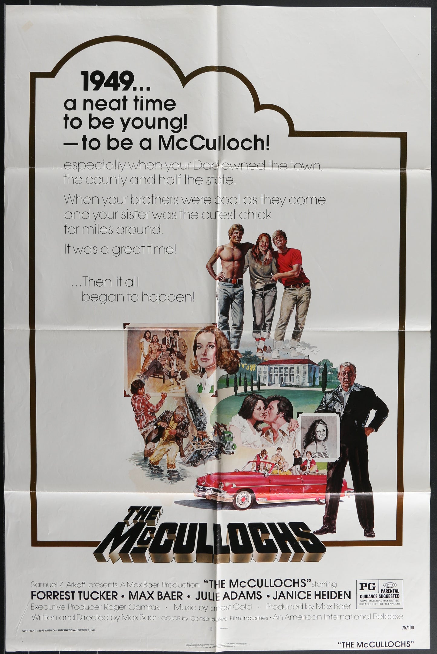 Vintage style movie poster for 'The McCullochs' featuring a collage of images with characters and a red car, indicating the film's era and plot elements.