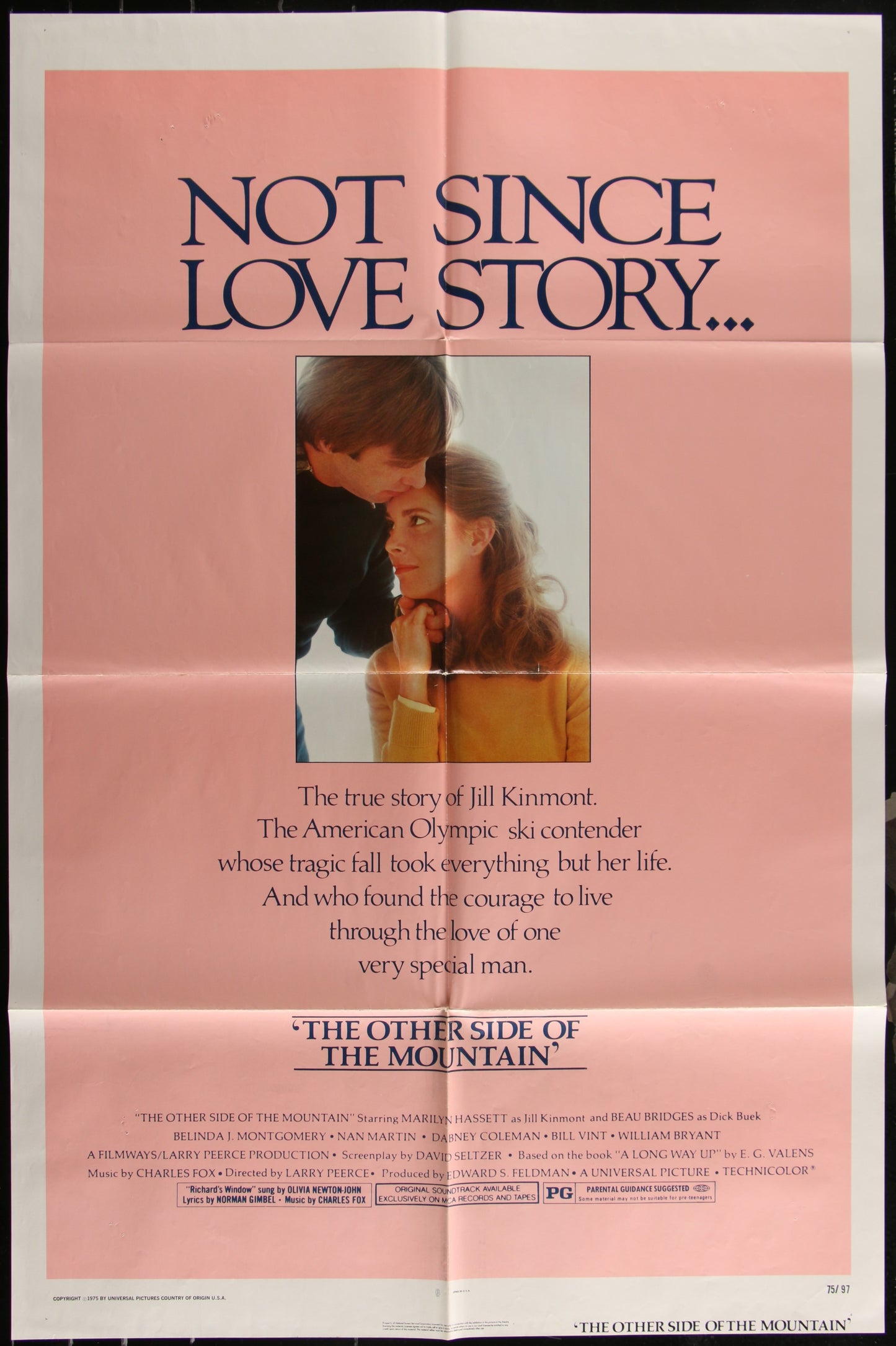 Vintage movie poster for 'The Other Side of the Mountain' featuring two people skiing, with text and pink background.