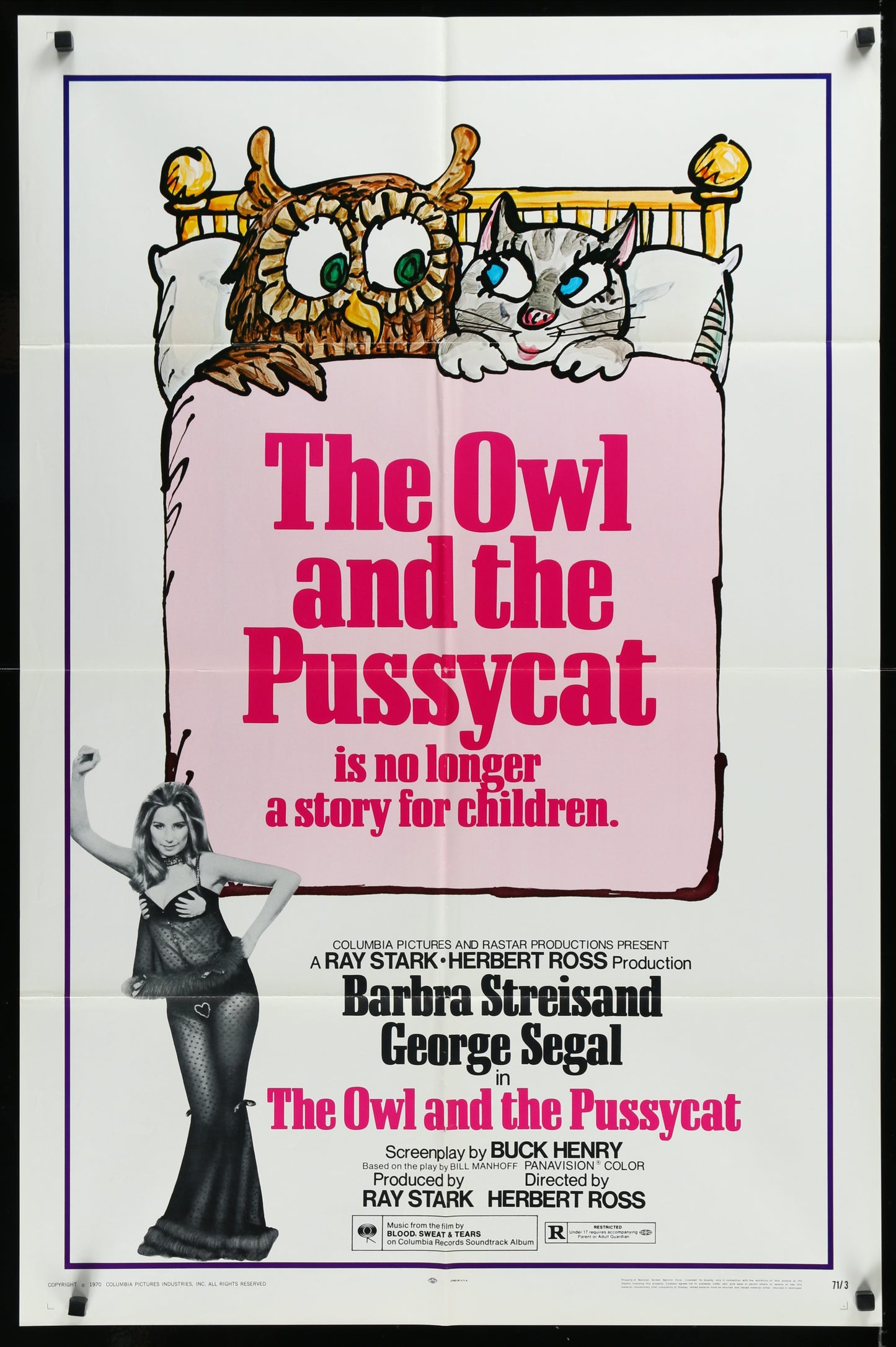 Vintage one-sheet movie poster for 'The Owl and the Pussycat' featuring illustrations of an owl and a cat on a bed, with the text 'Barbra Streisand' and 'George Segal' at the bottom.