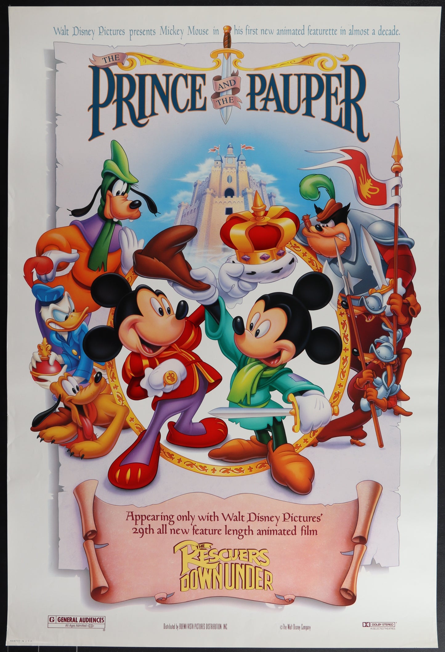 Original US one sheet movie poster for 'The Prince And The Pauper' featuring animated characters Mickey Mouse and others from the film, with a white background and red text.