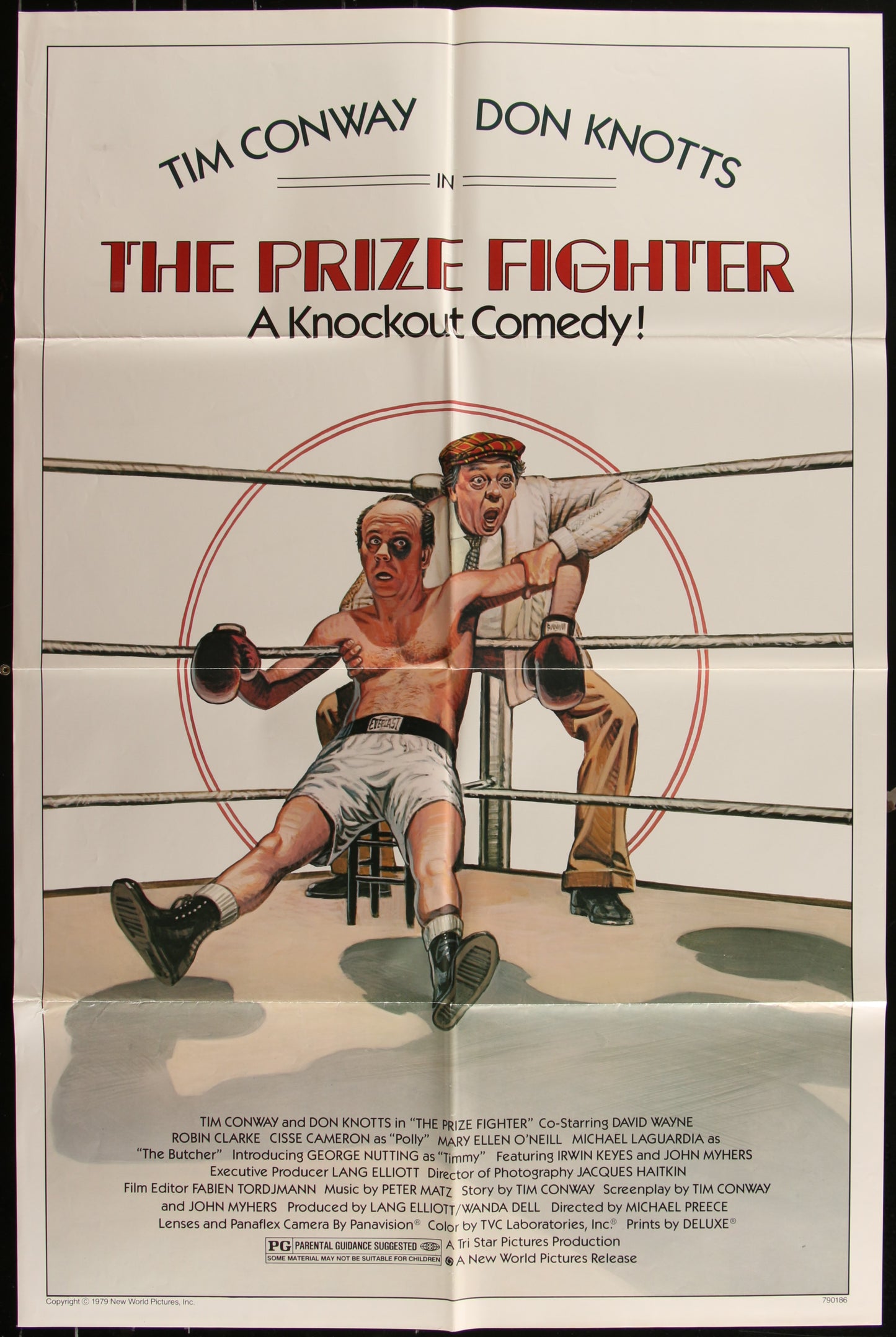 Vintage style movie poster for 'The Prize Fighter' featuring a cartoonish illustration of a boxer in a white ring with a referee in the background, indicating a boxing or martial arts theme. The poster is folded and shows some wear.