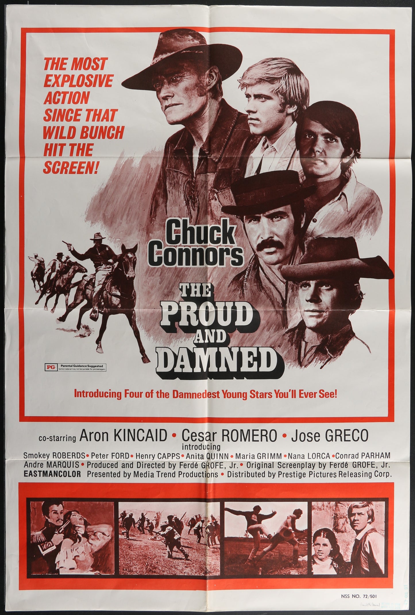 Vintage one-sheet movie poster for 'The Proud And The Damned' featuring portraits of the main characters with a horse chase backdrop.