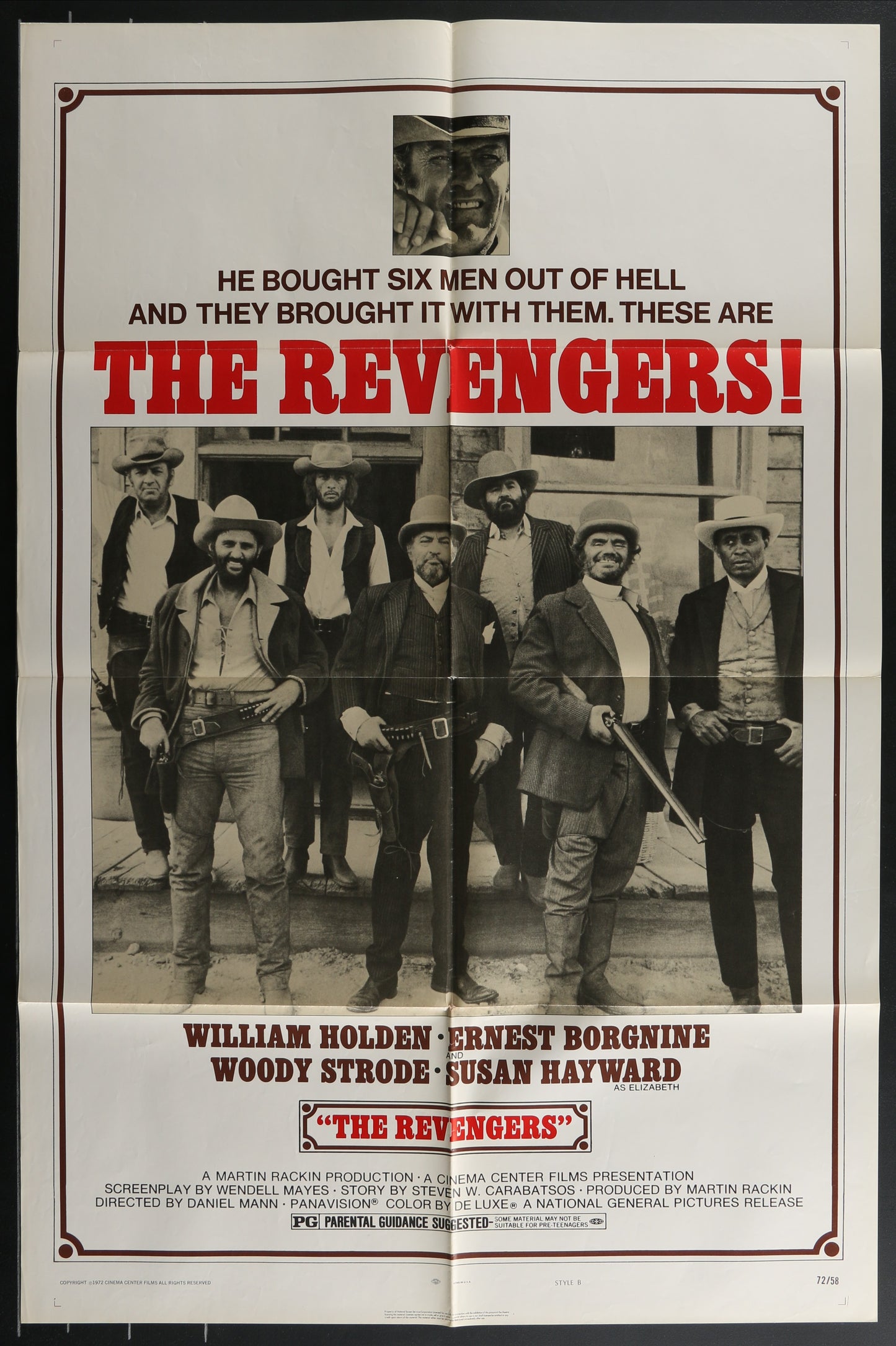 A vintage one-sheet movie poster for 'The Revengers' featuring a group of men in cowboy hats and guns, with the text 'He bought six men out of hell - and brought them back as The Revengers!' prominently displayed.