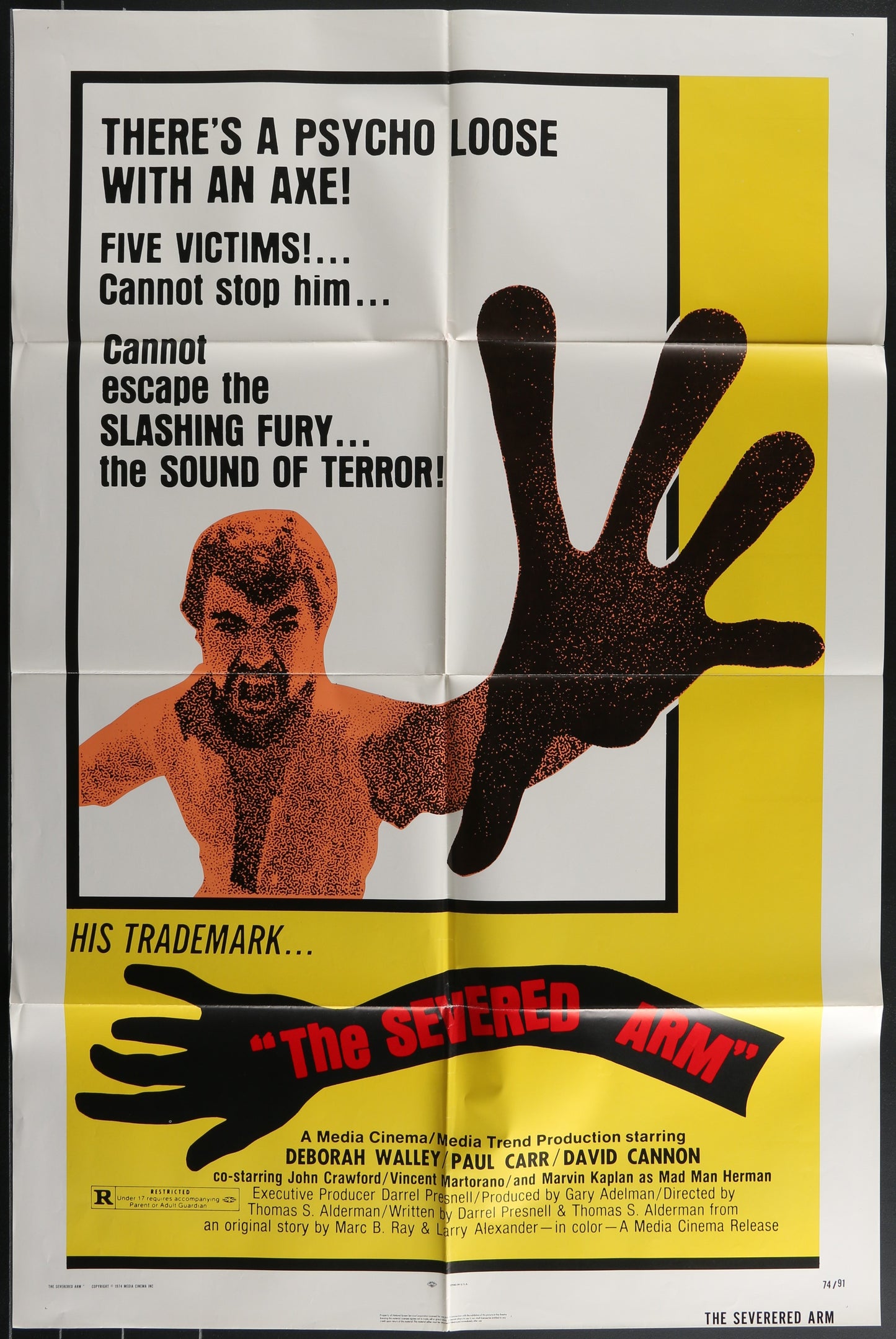 Vintage style movie poster for 'The Severed Arm' featuring a close-up of an arm with a seizure, set against a yellow and black background with text and credits.