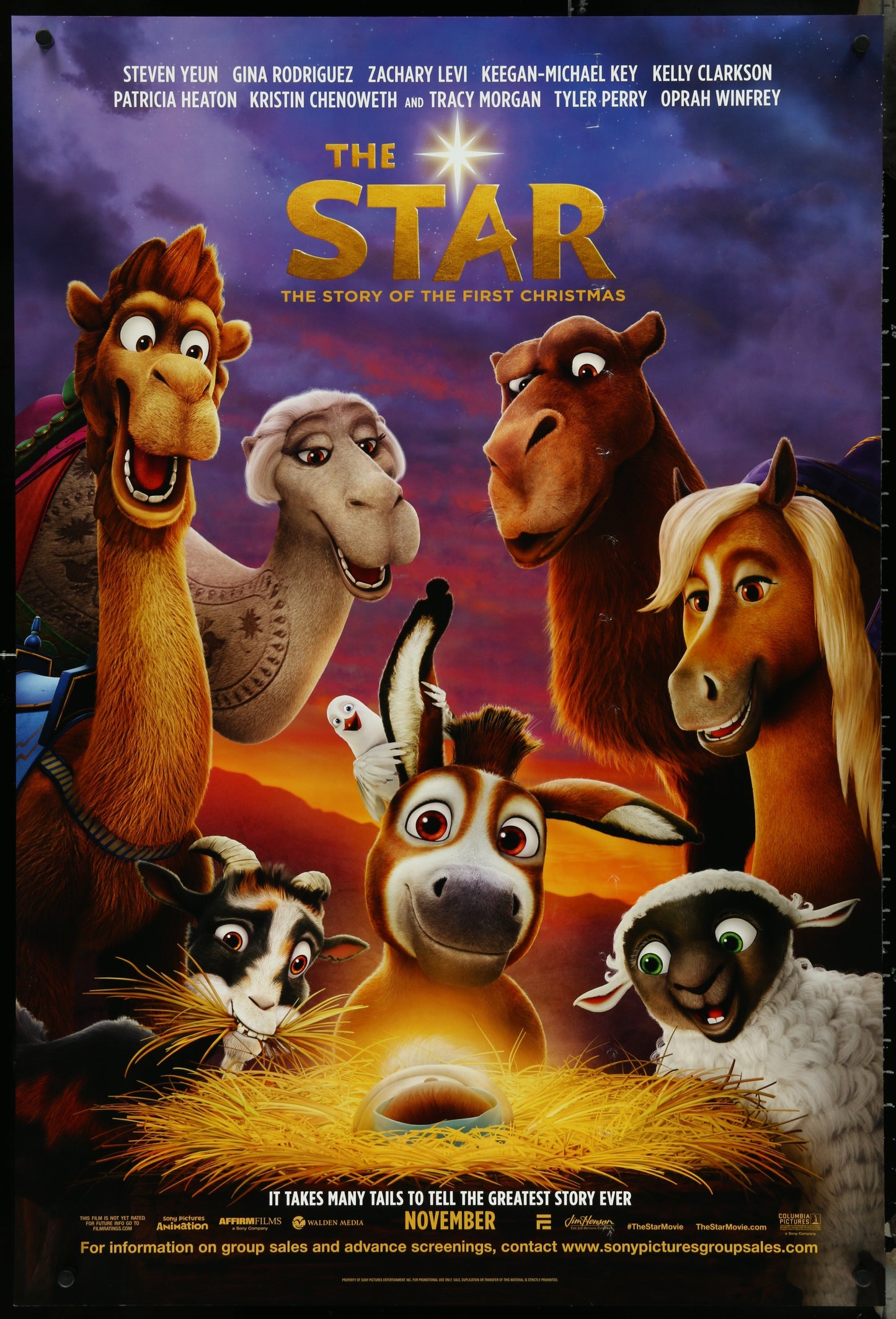 Movie poster for 'The Star' featuring animated animals against a purple sky.