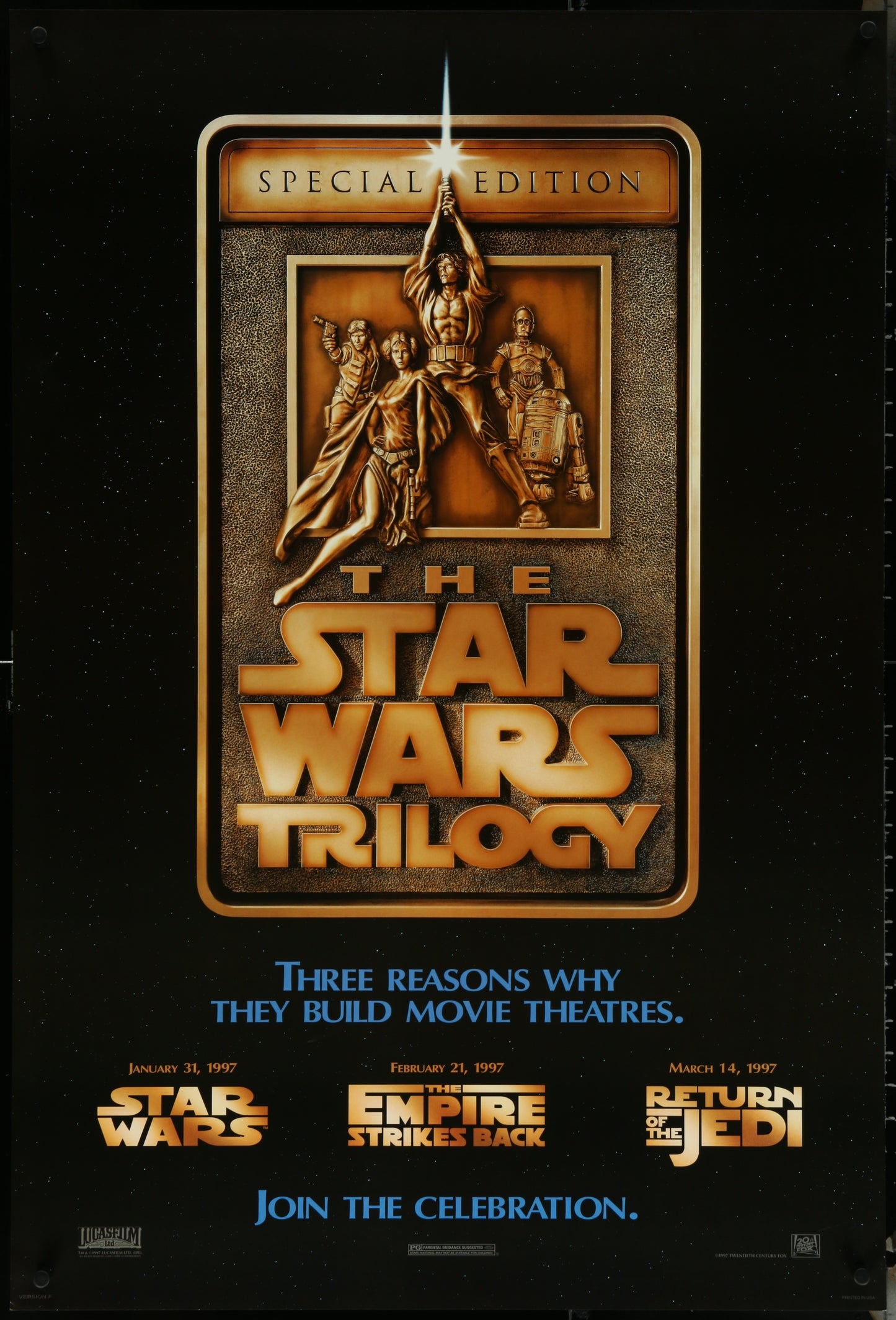 Original US one-sheet movie poster for The Star Wars Trilogy featuring characters and text related to the movie series.