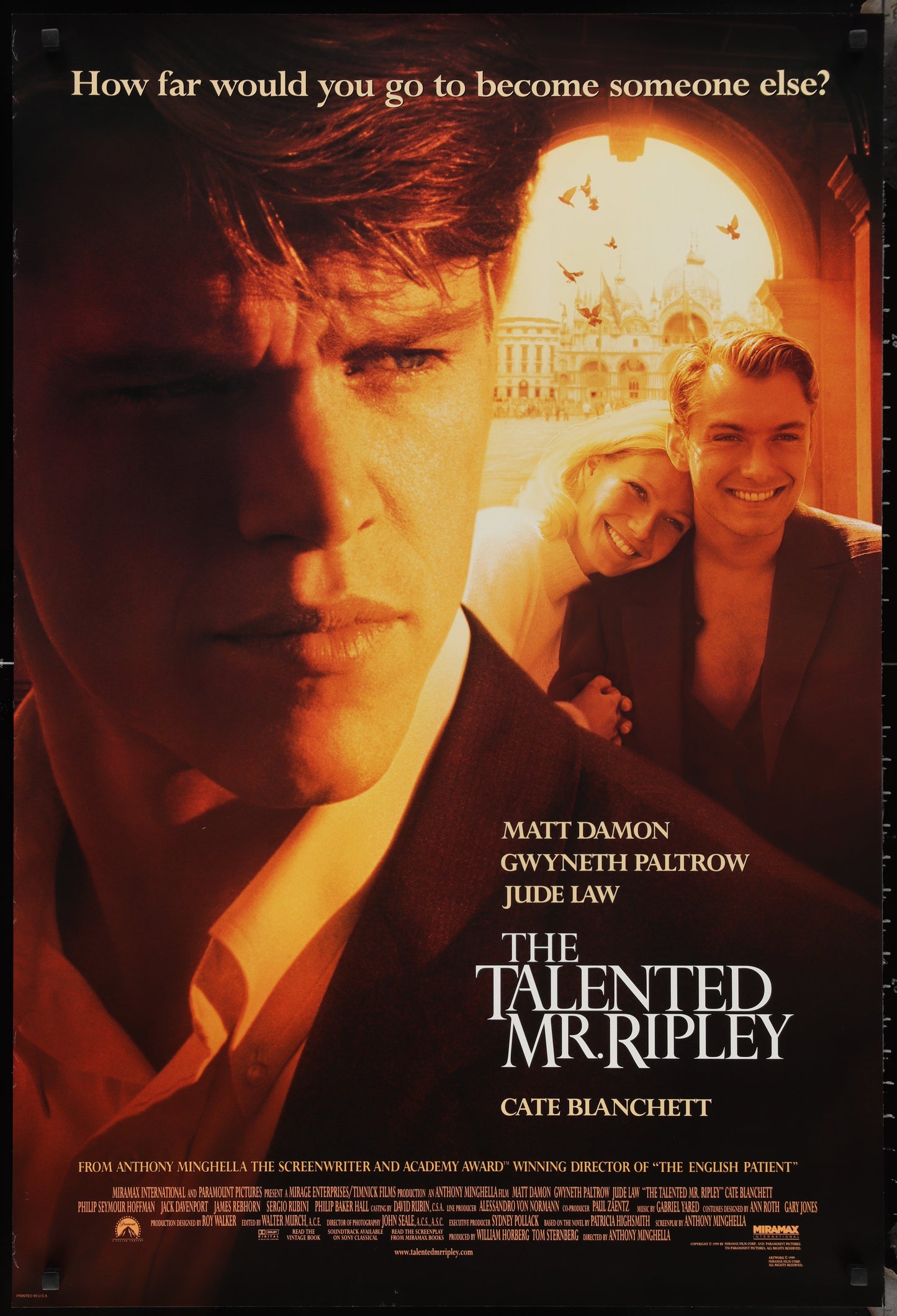 Original US one-sheet movie poster for 'The Talented Mr. Ripley' featuring images of the main characters with a orange-brown tinted background.