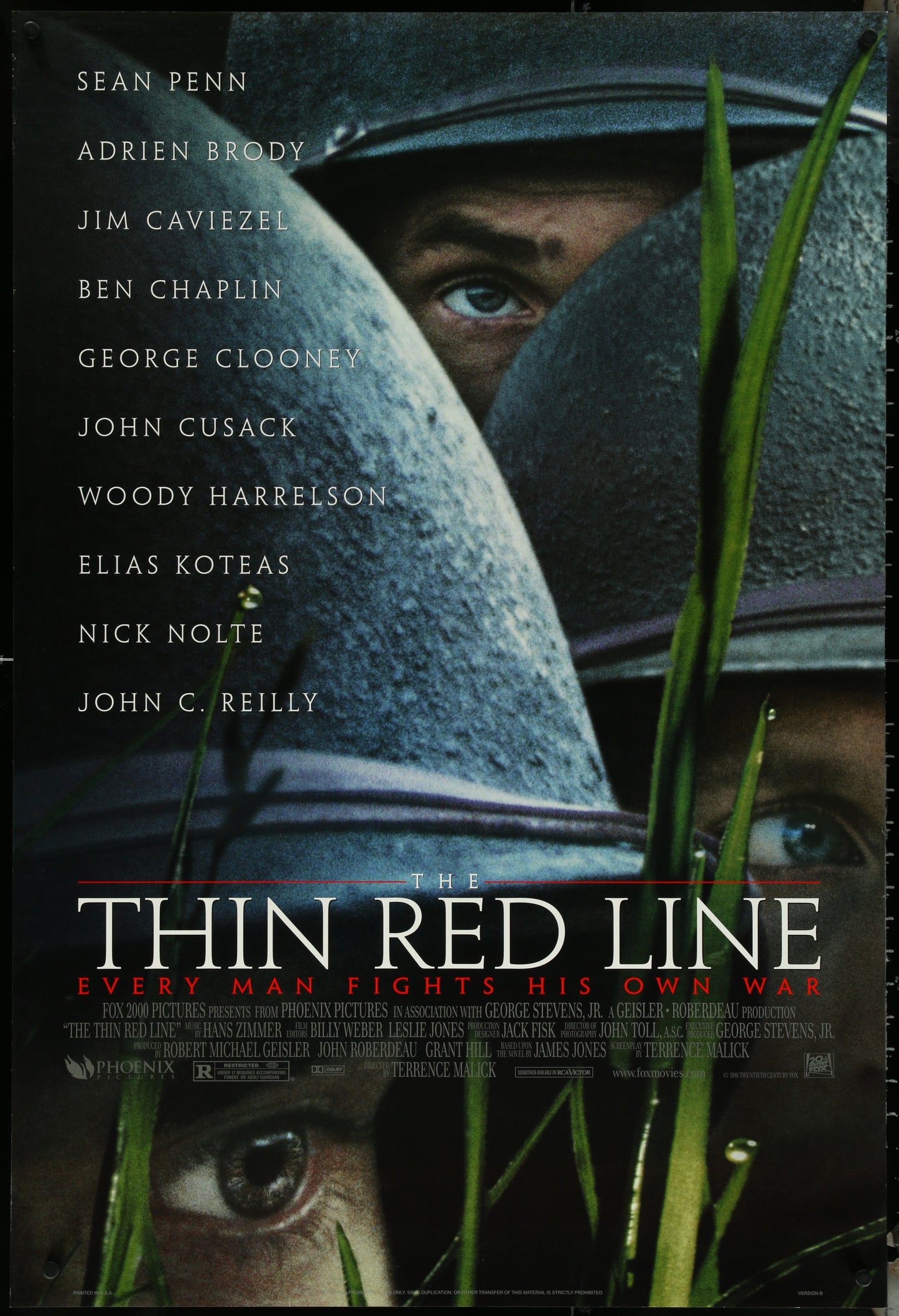 Original US one-sheet movie poster for 'The Thin Red Line' featuring a black and white image of actors in military uniforms with the title and credits at the bottom.