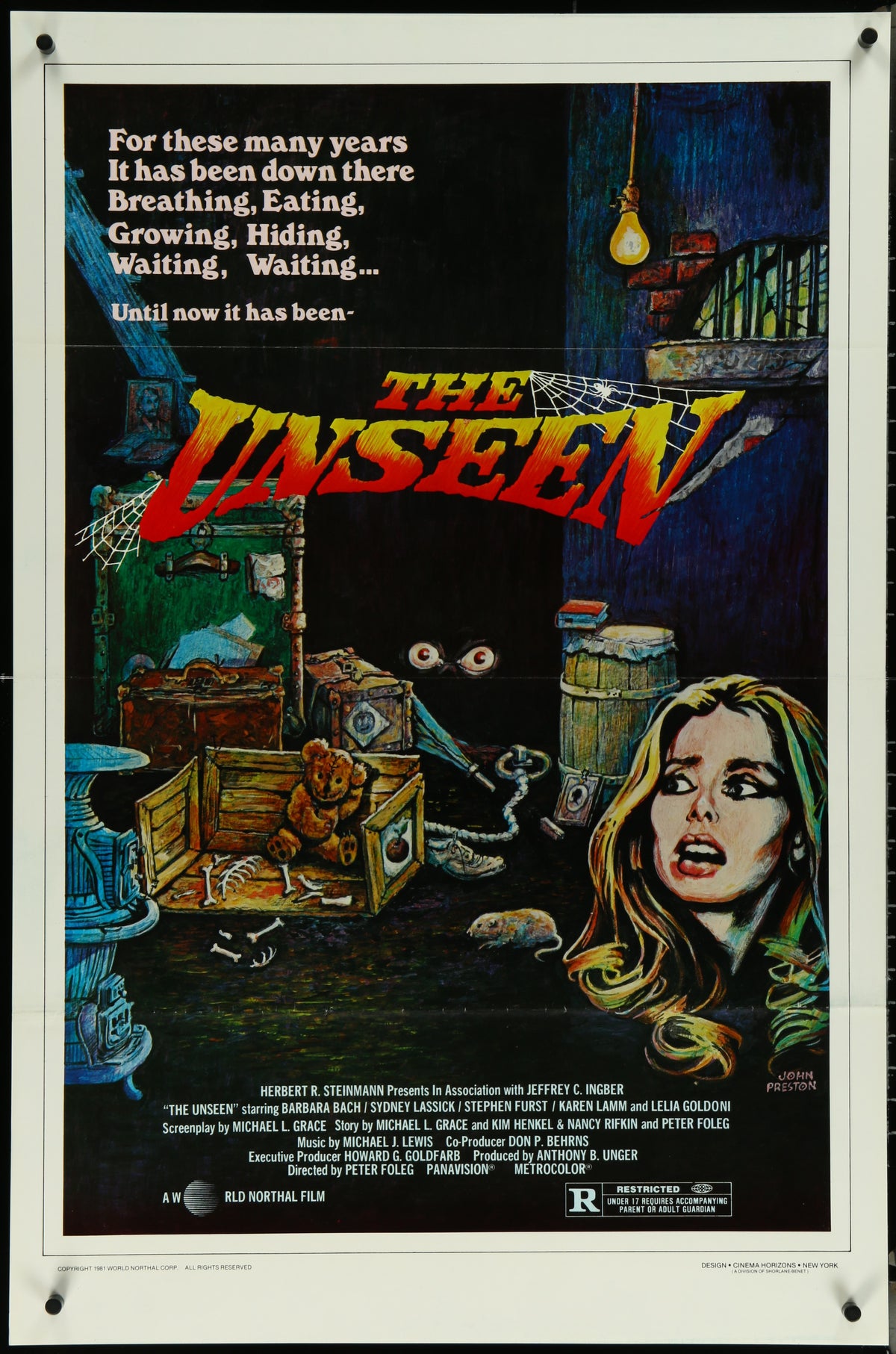 Original US one-sheet movie poster for 'The Unseen' (1981) featuring a black and white image with text and an illustration.