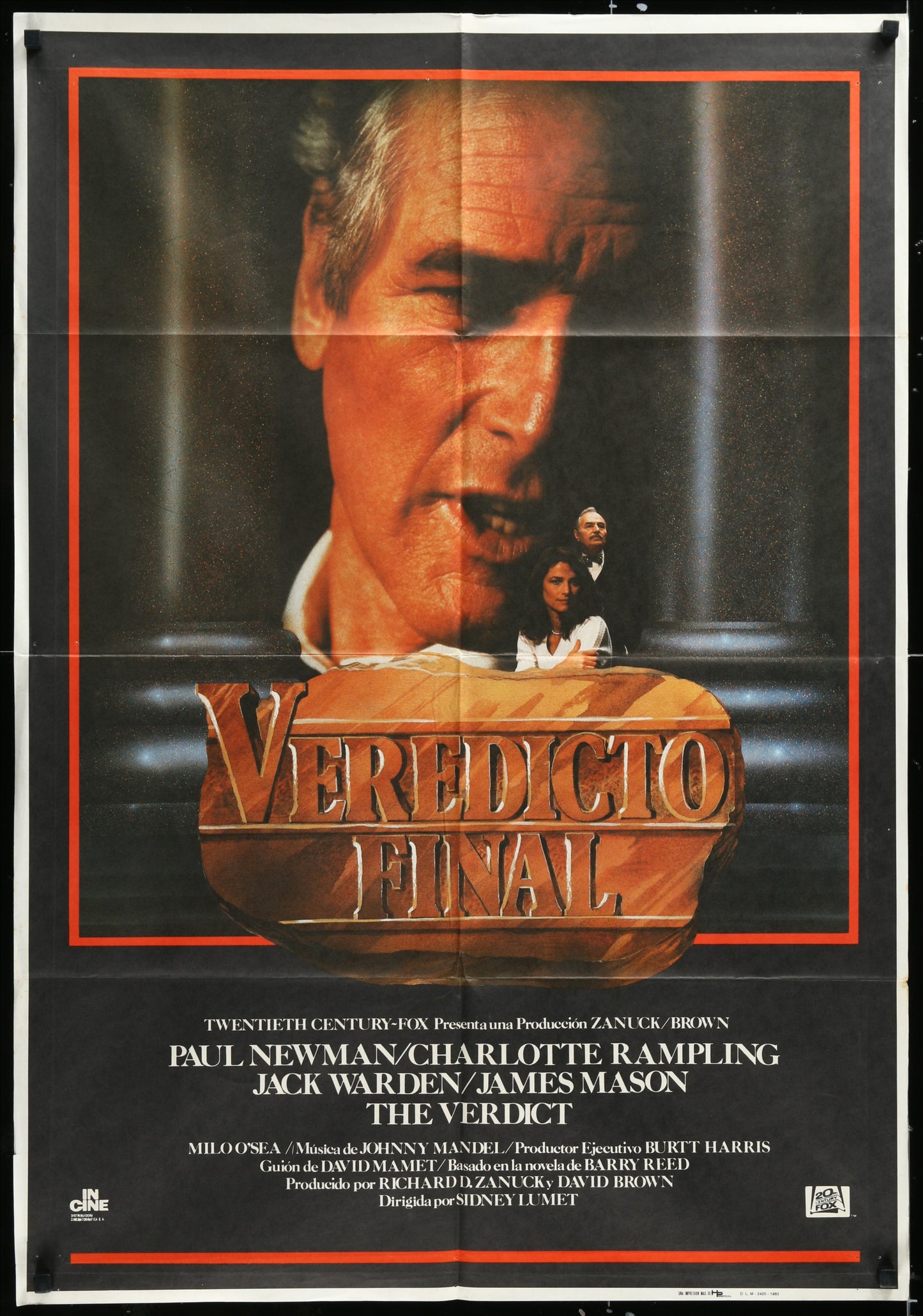 1983 Spanish movie poster for 'The Verdict' featuring Paul Newman and Charlotte Rampling, with the movie title and a black and white image of the actors.