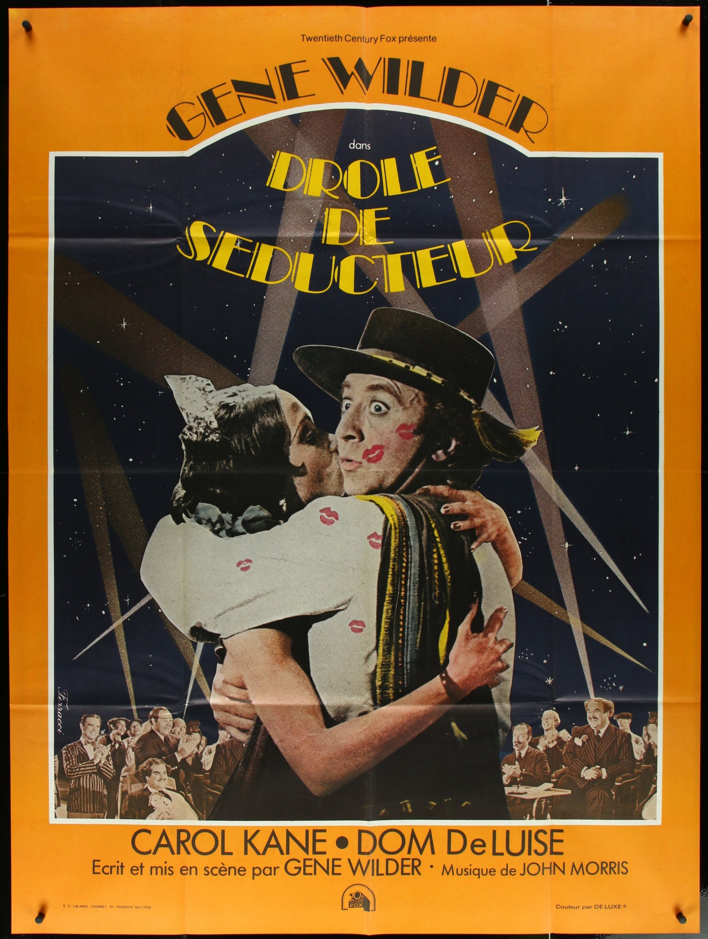 Original French one-panel movie poster for 'The World's Greatest Lover' featuring Gene Wilder and Carol Kane in a romantic comedy pose, with a yellow background and title text.