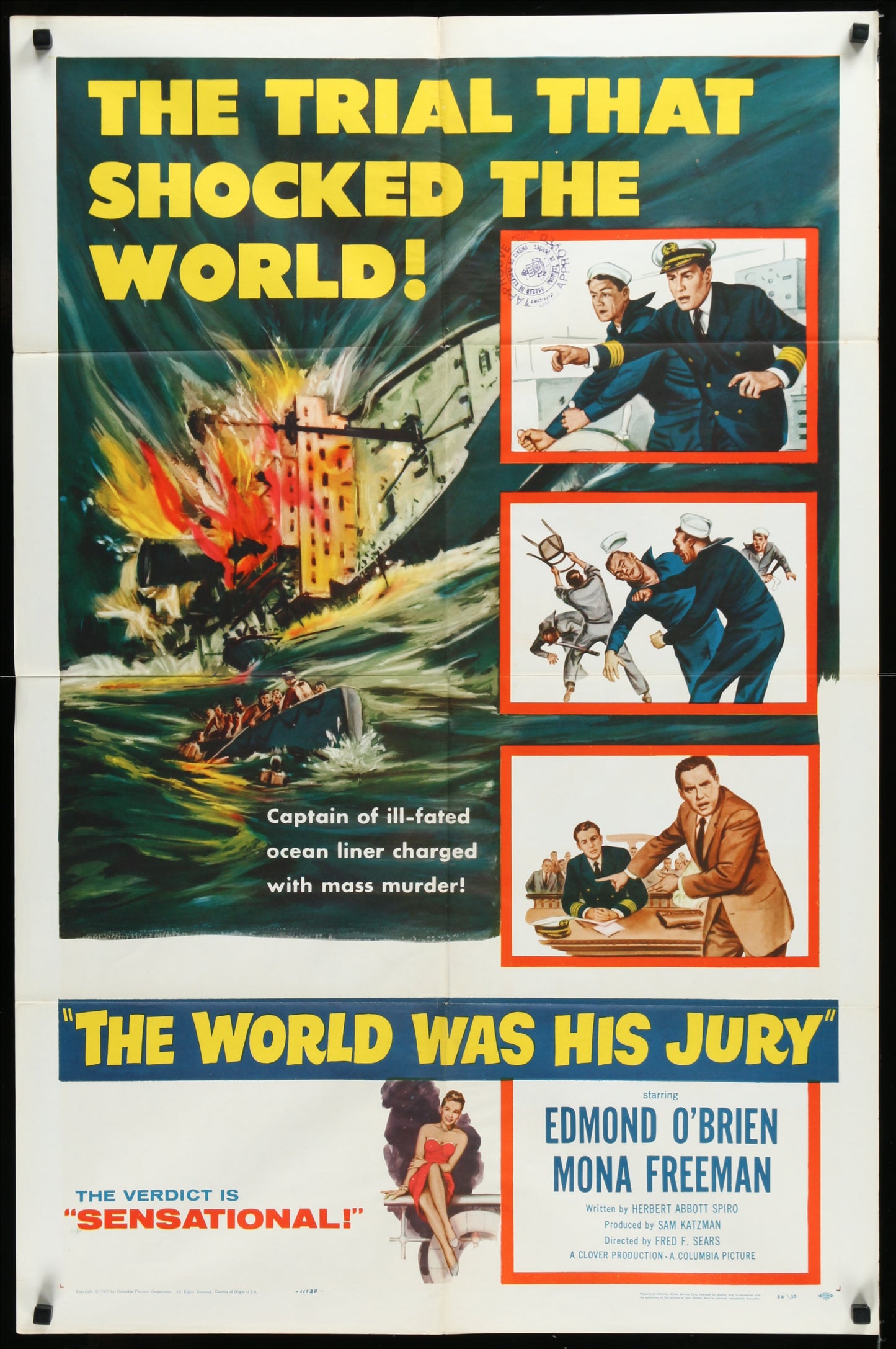 Vintage style movie poster for 'The World was his Jury' featuring cartoonish illustrations of characters and a scene of a boat explosion.