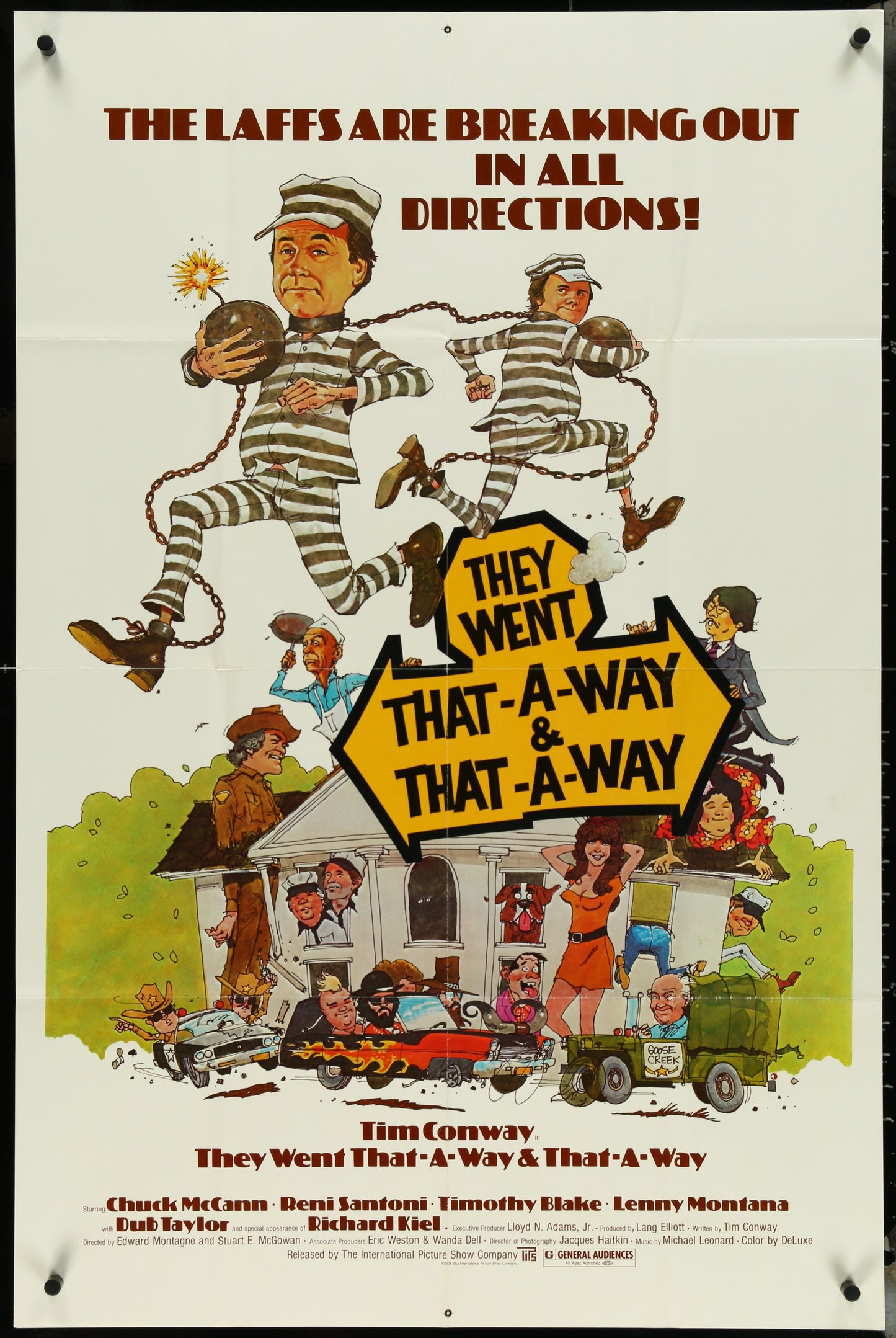 Vintage style movie poster for 'They Went That-A-Way & That-A-Way' featuring cartoonish characters in various humorous poses and expressions, set against a suburban home background.