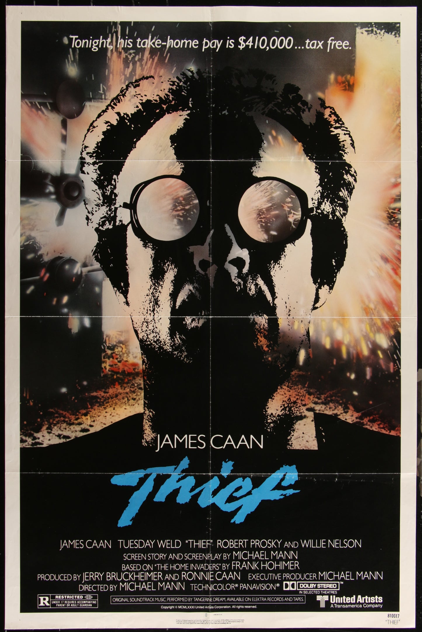 Original US one-sheet movie poster for the film 'Thief' featuring a black and white image of the main character with sunglasses and a blurred background of fireworks and stars.