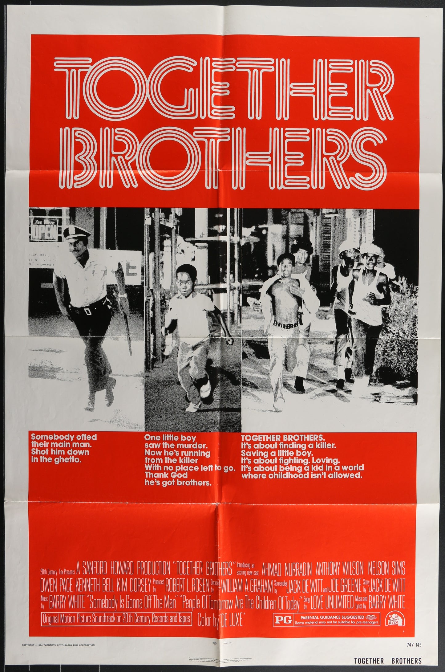 A vintage one-sheet movie poster for 'Together Brothers' featuring three black characters in dynamic poses against a red and white background.