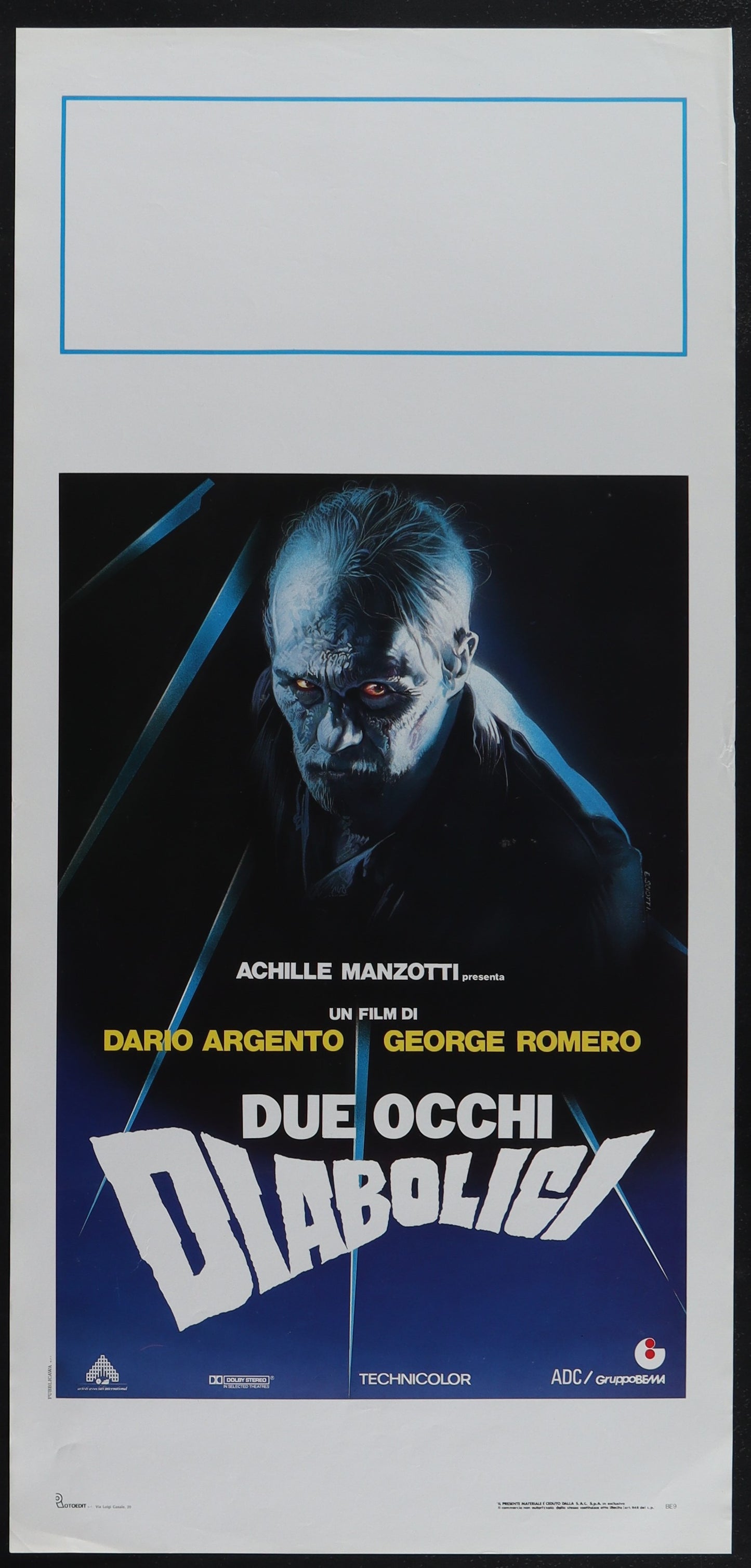 Original Italian movie poster for 'Two Evil Eyes' featuring a black and blue design with a split image of a character's face.