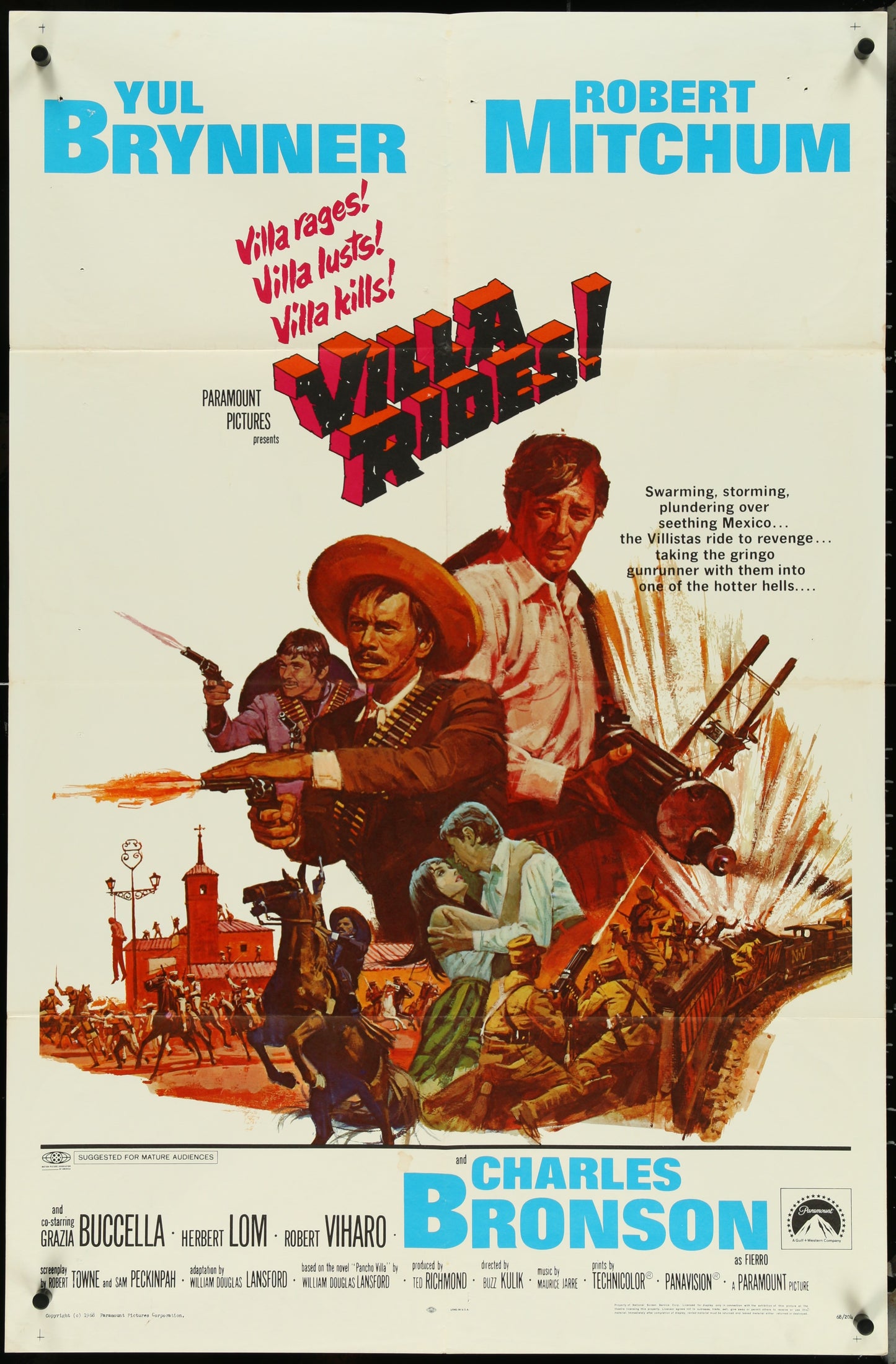 Vintage one-sheet movie poster for 'Villa Rides' featuring Yul Brynner, Robert Mitchum, and Charles Bronson with a Western town and gunfight scene.