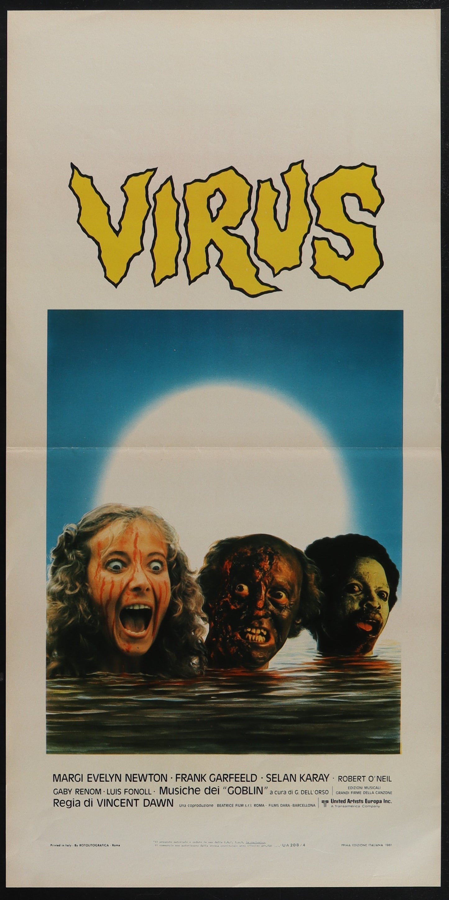 Vintage movie poster for 'Virus' (1980) featuring a scared woman in a flood scene with zombies in the background. The poster has a yellowish tint and is in a vertical orientation.