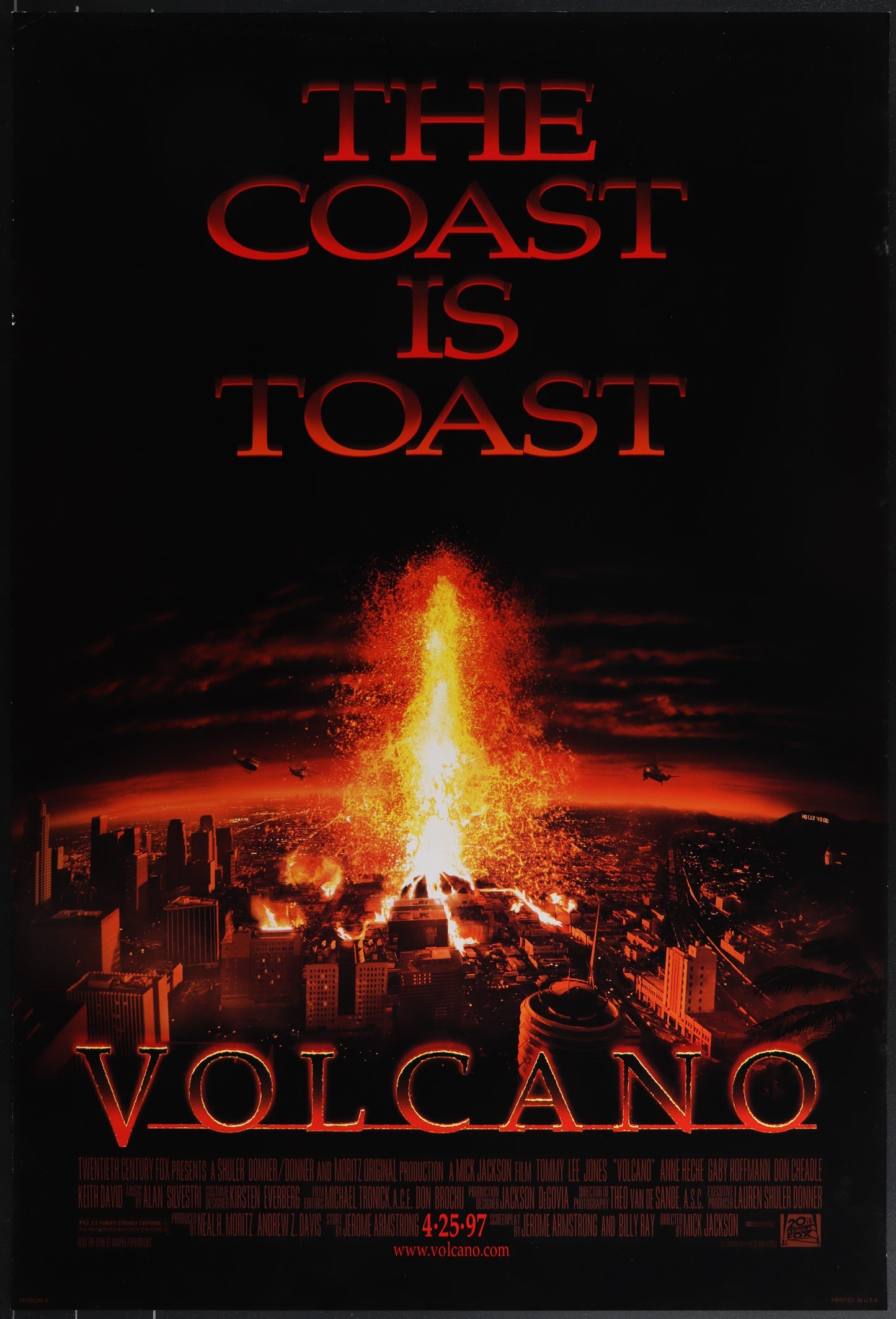 Movie poster for 'The Volcano' with a volcano eruption and cityscape, featuring the text 'The Coast is Toast'.