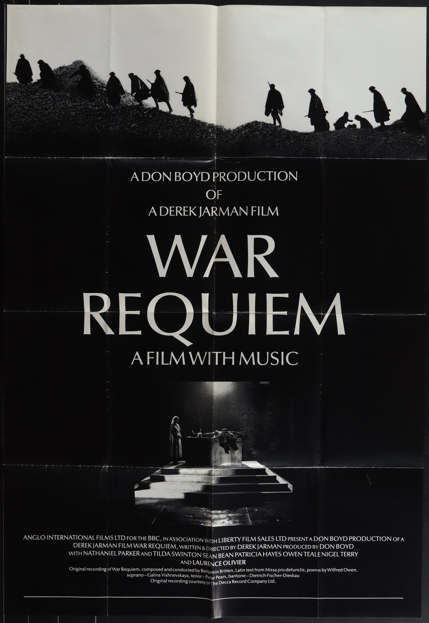 Vintage style black and white movie poster for 'War Requiem' featuring a dramatic image with music instruments.