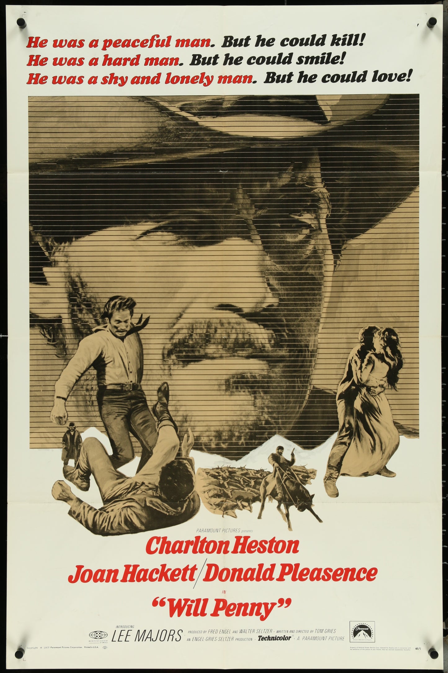 A vintage movie poster featuring Charlton Heston with a group of people in a Western setting. The poster is black and white and shows signs of wear.
