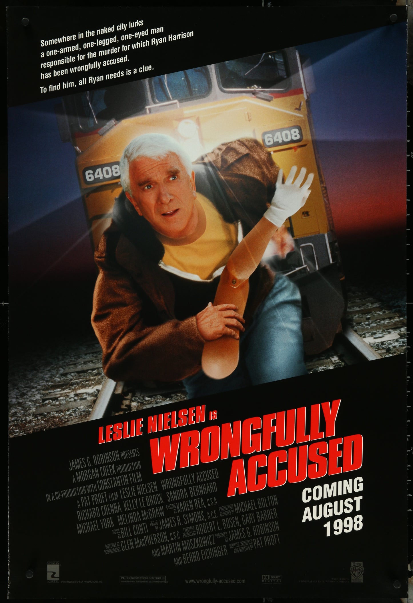 Movie poster for 'Wrongfully Accused' featuring a character with a prosthetic leg.
