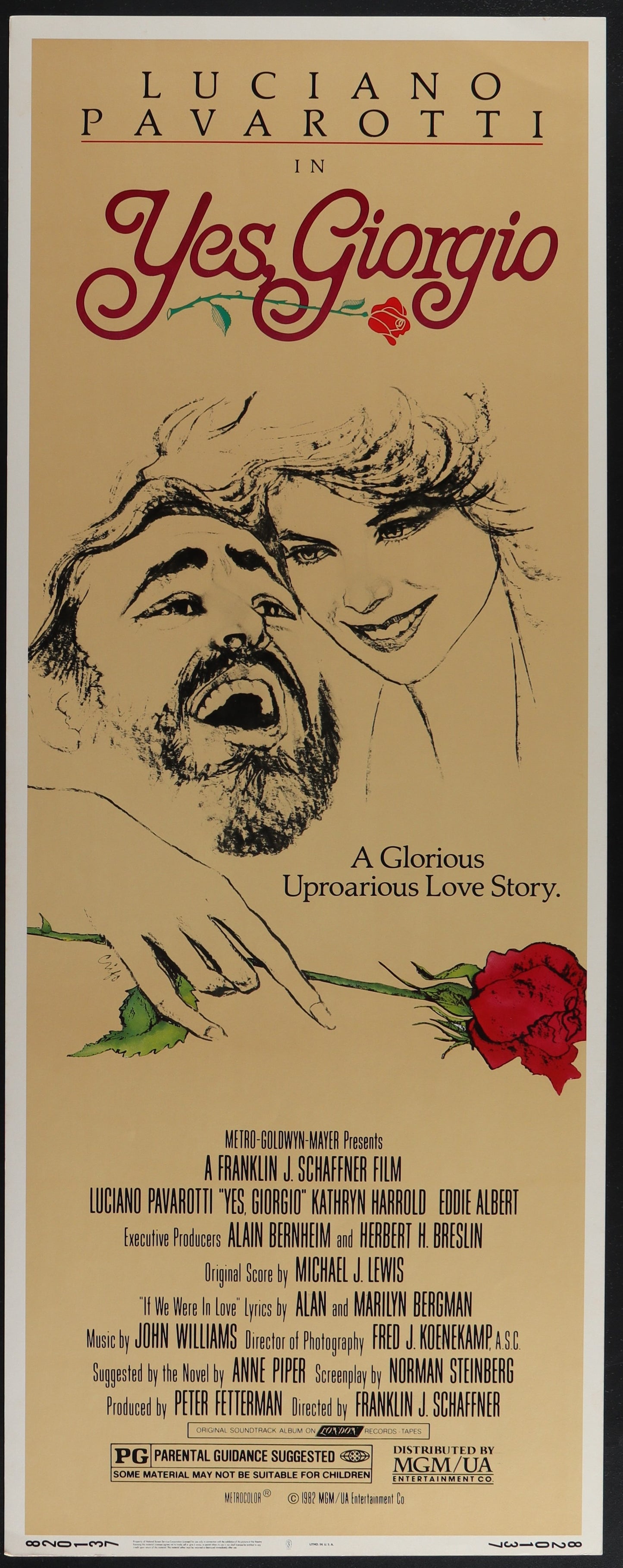 Original US insert movie poster for 'Yes, Giorgio' featuring drawings of the main characters with a rose and a green background.