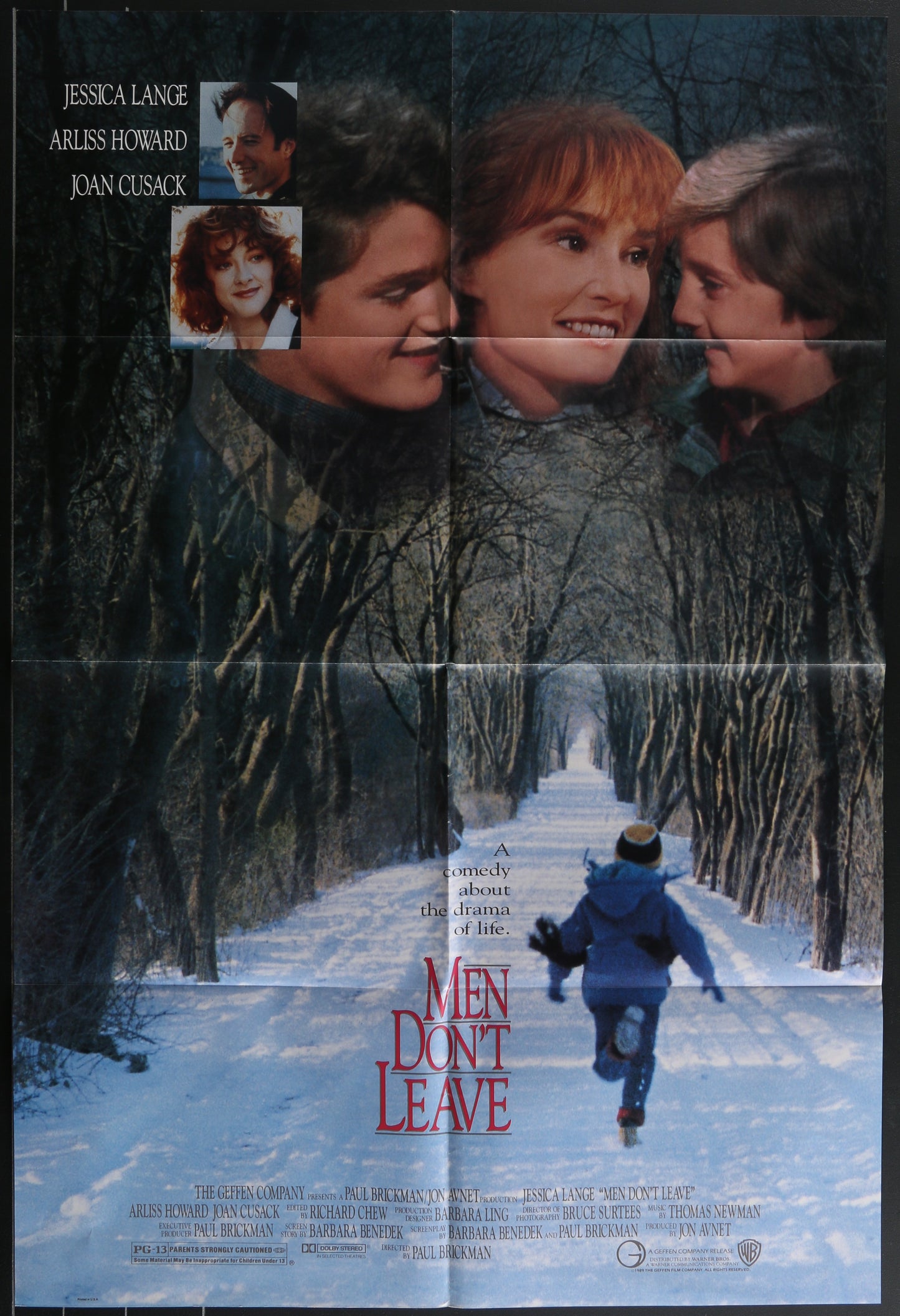 Original US one-sheet movie poster for 'Men Don't Leave' featuring four actors in a snowy setting. The poster is folded and has minor wear.