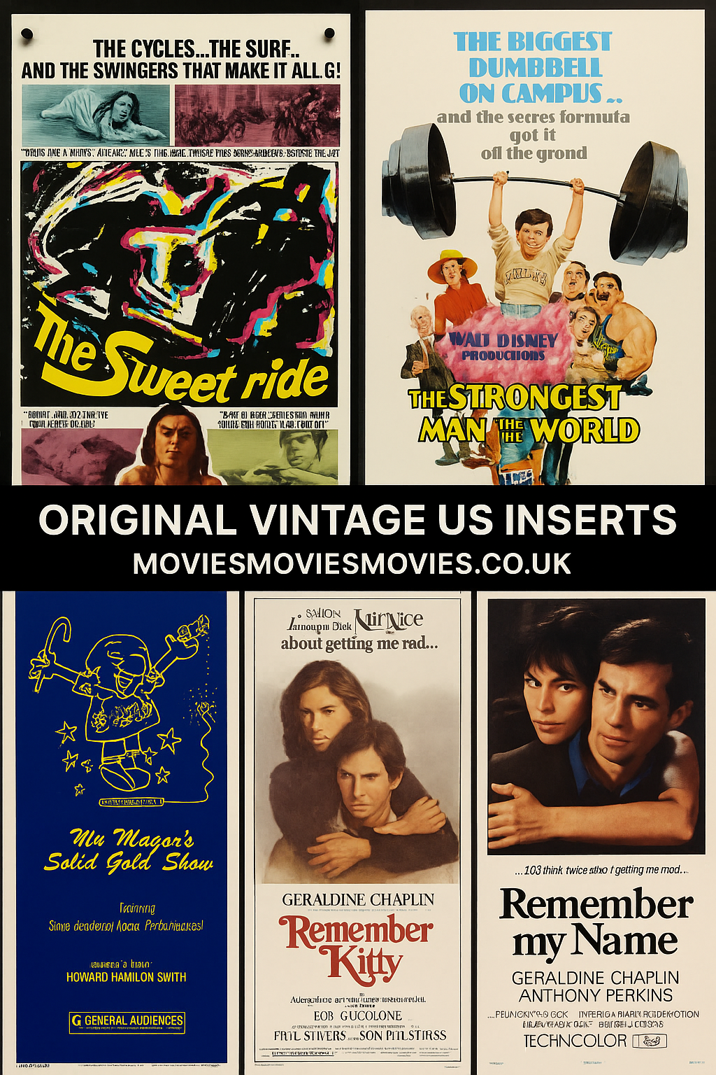 Collage of original vintage US insert movie posters from classic films, featuring authentic 14x36 inch posters with stunning artwork and typography from various movie genres and eras
