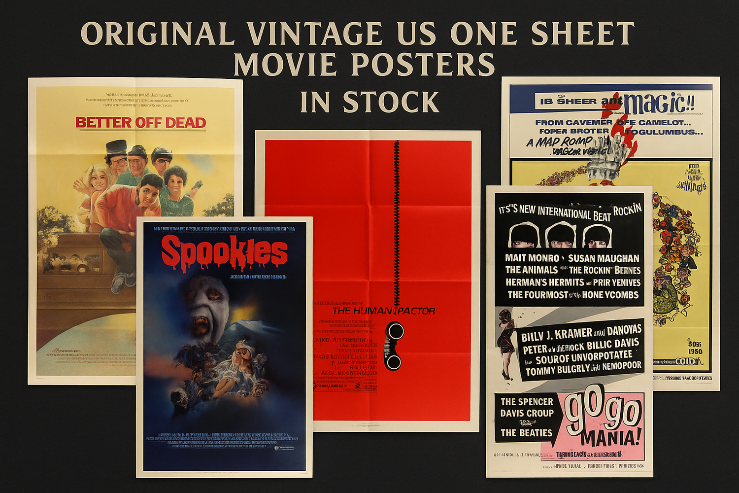 Collection of original vintage US one sheet movie posters measuring 27x41 inches, featuring classic Hollywood film artwork and typography from various genres and decades