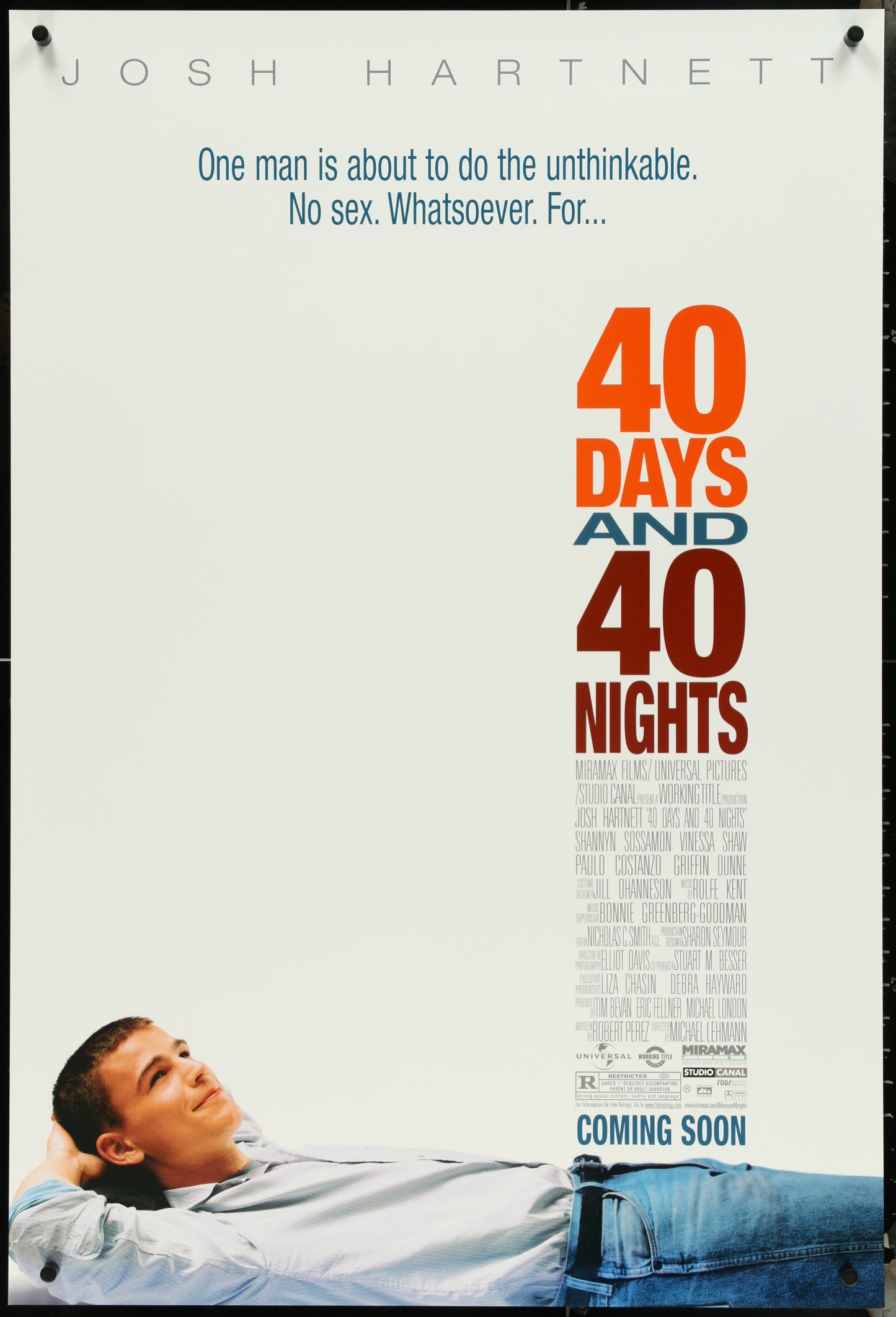 Movie poster for '40 Days and 40 Nights' with a person lying down and text about the film's premise.