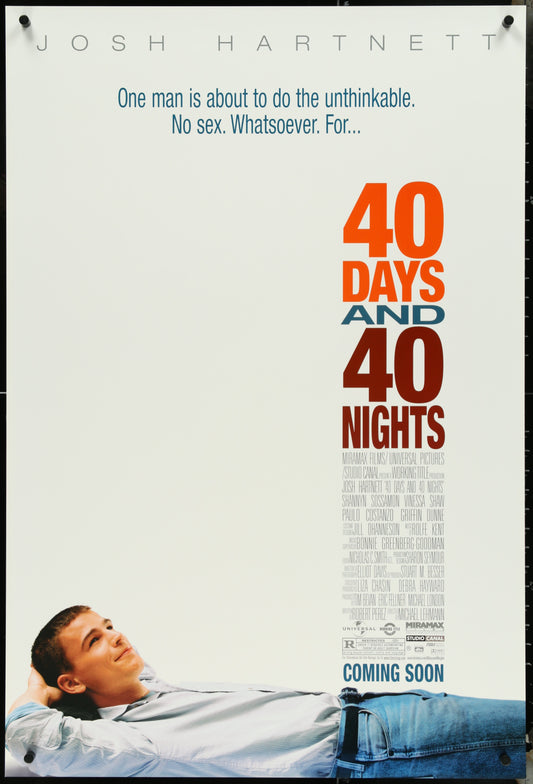 Movie poster for '40 Days and 40 Nights' with a person lying down and text about the film's premise.