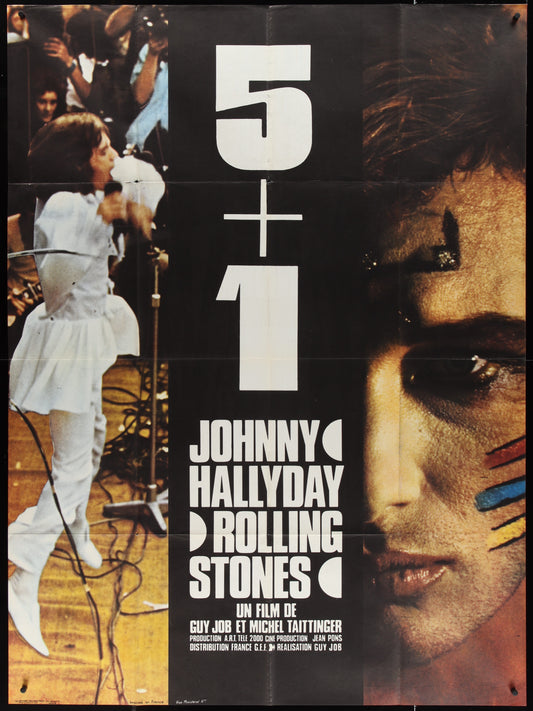 Vintage French movie poster for the 1970 concert documentary '5 + 1' featuring The Rolling Stones and Johnny Hallyday, with images of the artists and text against a black background.