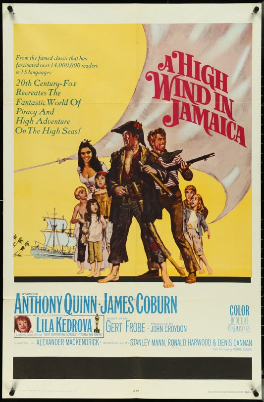 Vintage movie poster for 'A High Wind In Jamaica' featuring characters and a pirate ship on a yellow background.