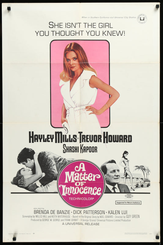 Vintage style movie poster featuring Hayley Mills and Trevor Howard in the romantic comedy 'A Matter Of Innocence'.