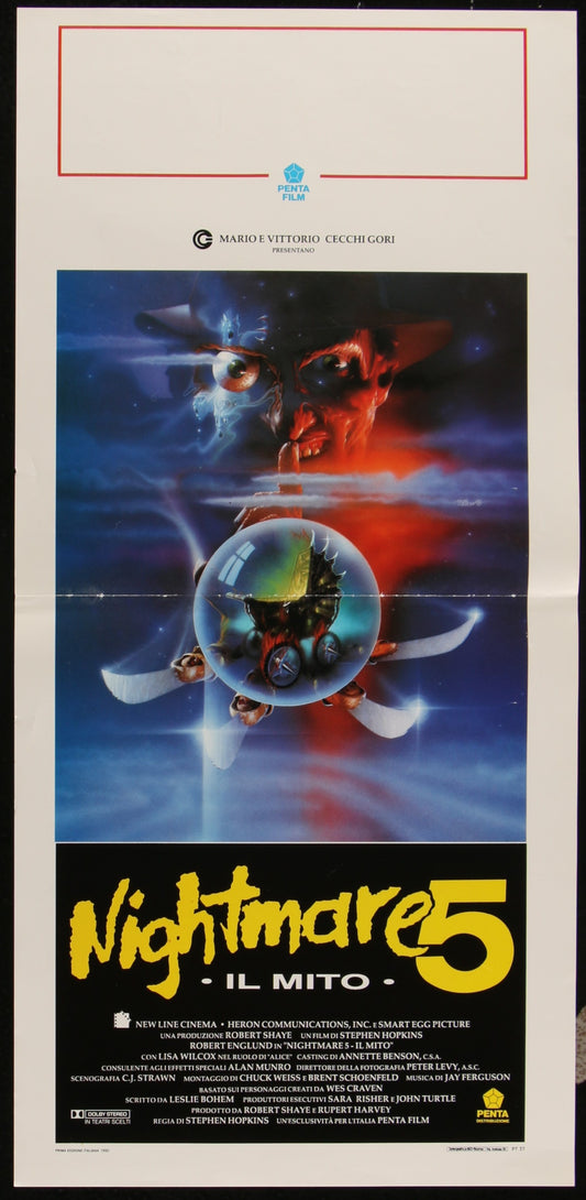 Original Italian Locandina movie poster for A Nightmare On Elm Street V: The Dream Child (1989), featuring an image of Freddy Krueger with a dark background.