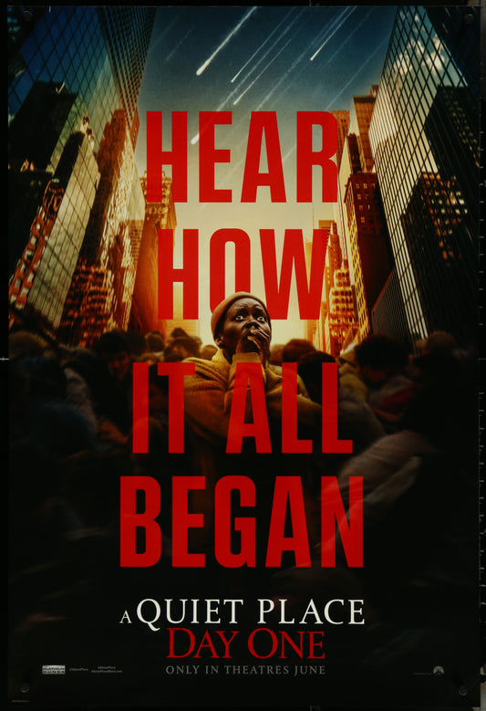 A Quiet Place: Day One movie poster featuring a cityscape at dusk with the title and a character in the foreground.