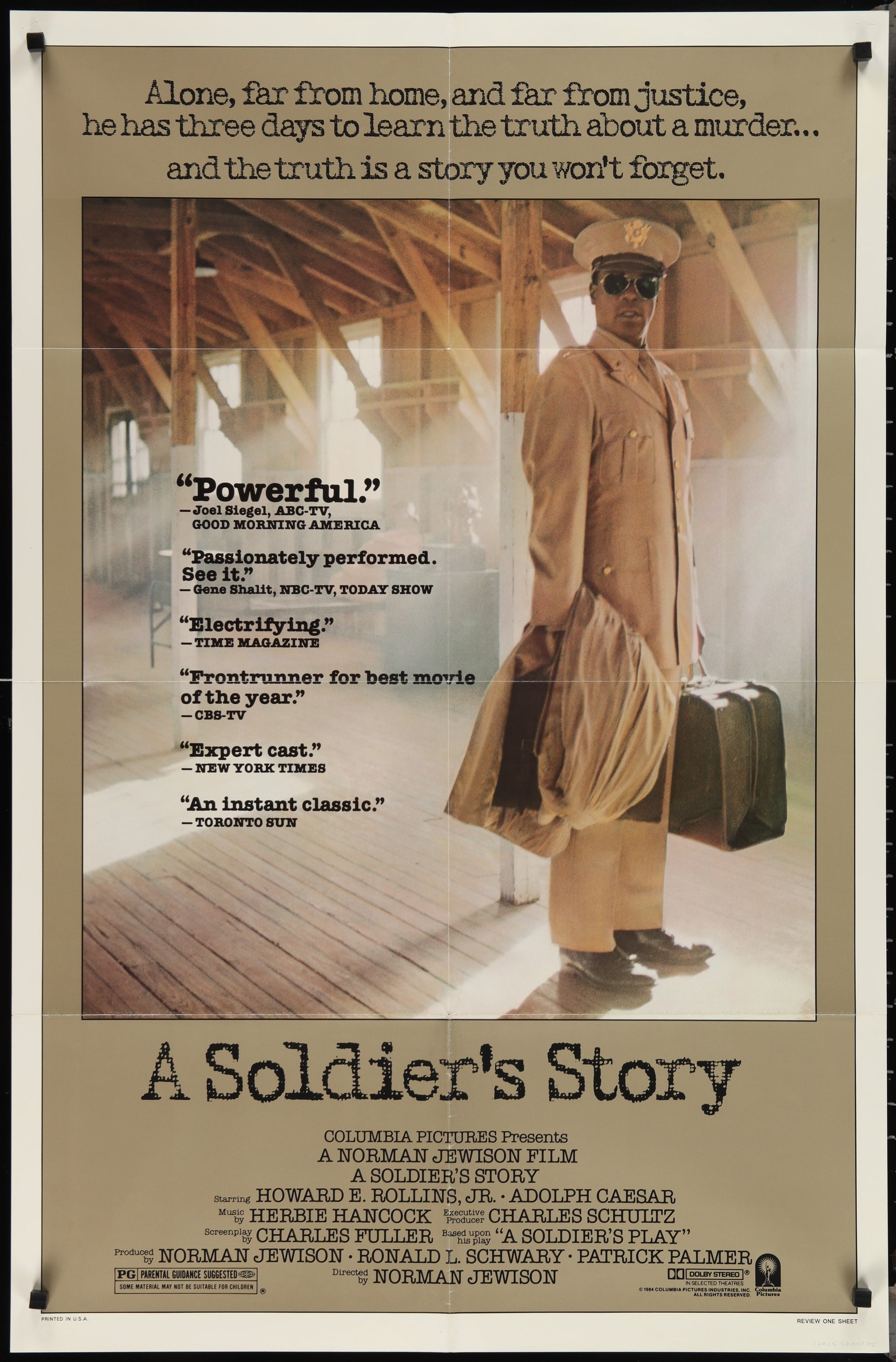 Vintage style movie poster for 'A Soldier's Story' featuring a man in a military uniform with luggage, set against a wooden backdrop.