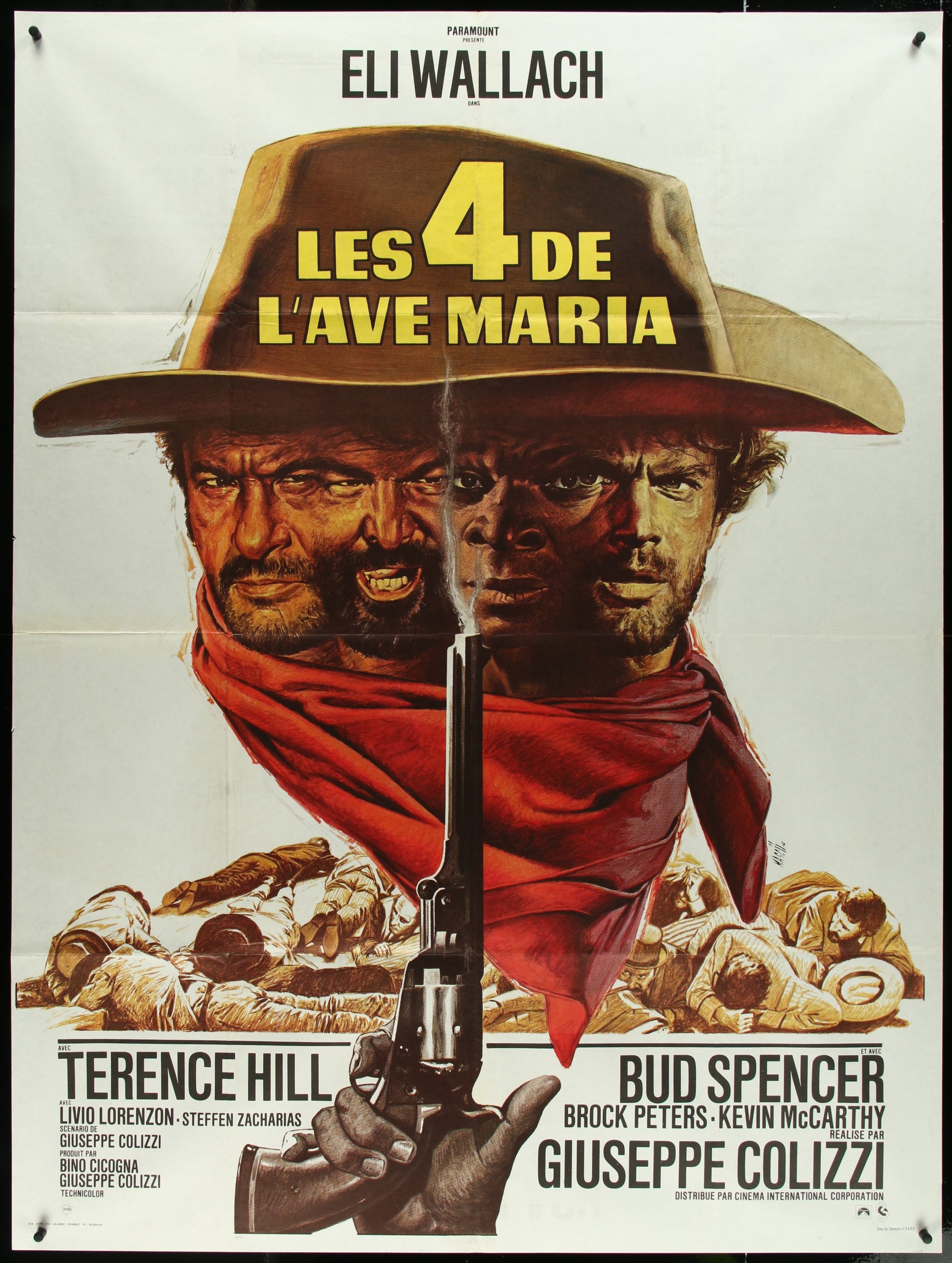 A vintage movie poster for 'Ace High' featuring three male characters prominently, with a gun and a red scarf, against a dusty brown background.