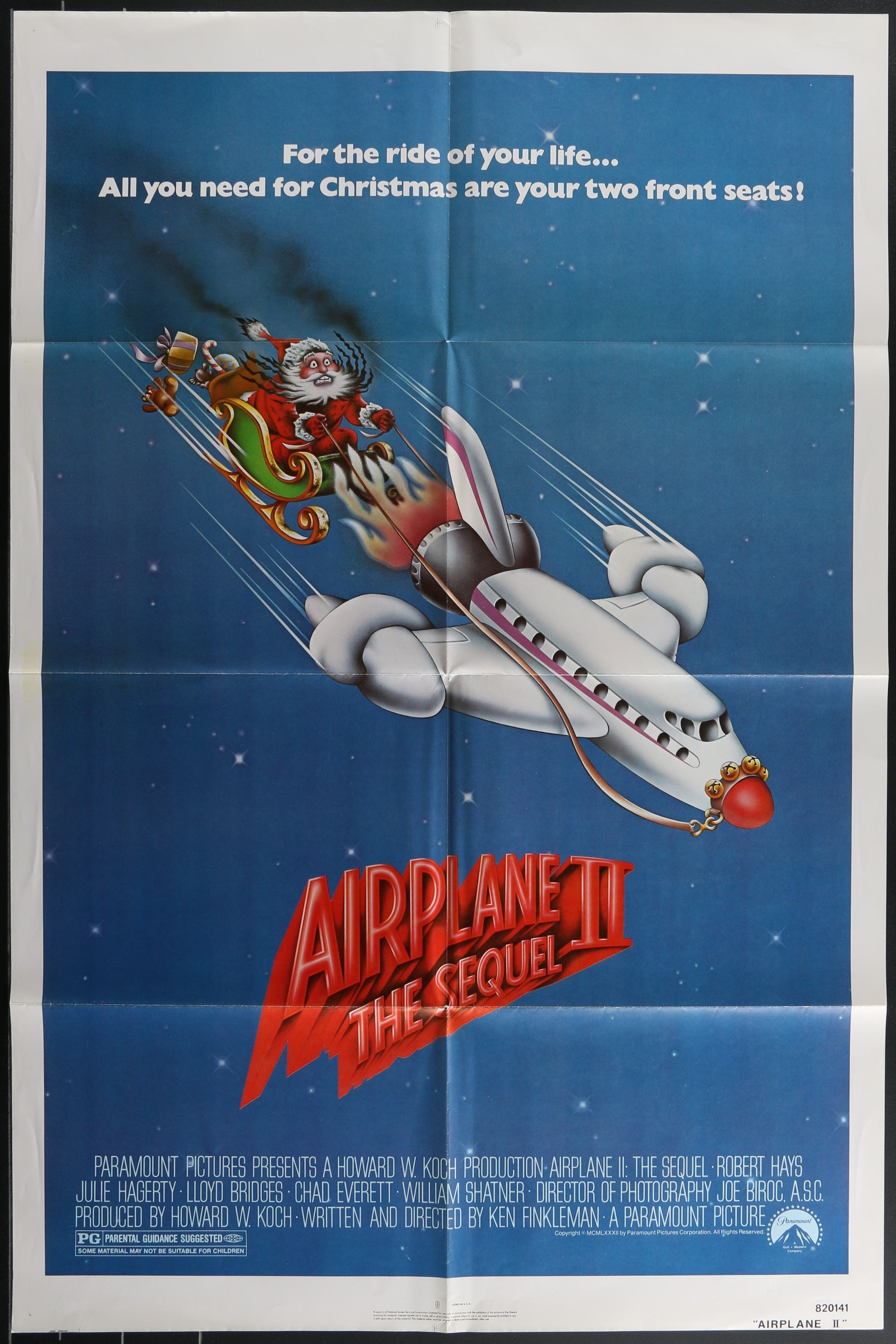 Movie poster for 'Airplane! The Sequel!' with Santa Claus in a plane against a blue sky.