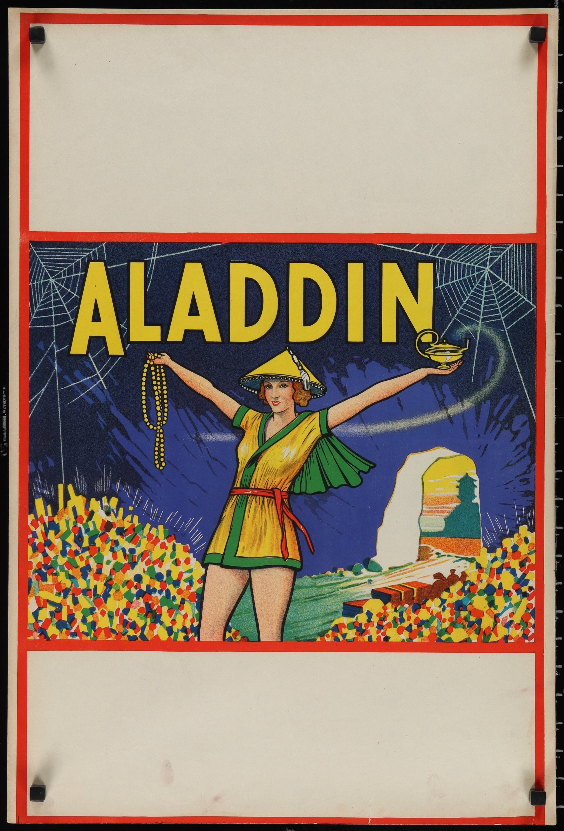 Vintage-style poster with 'Aladdin' branding featuring a character in a cave setting.